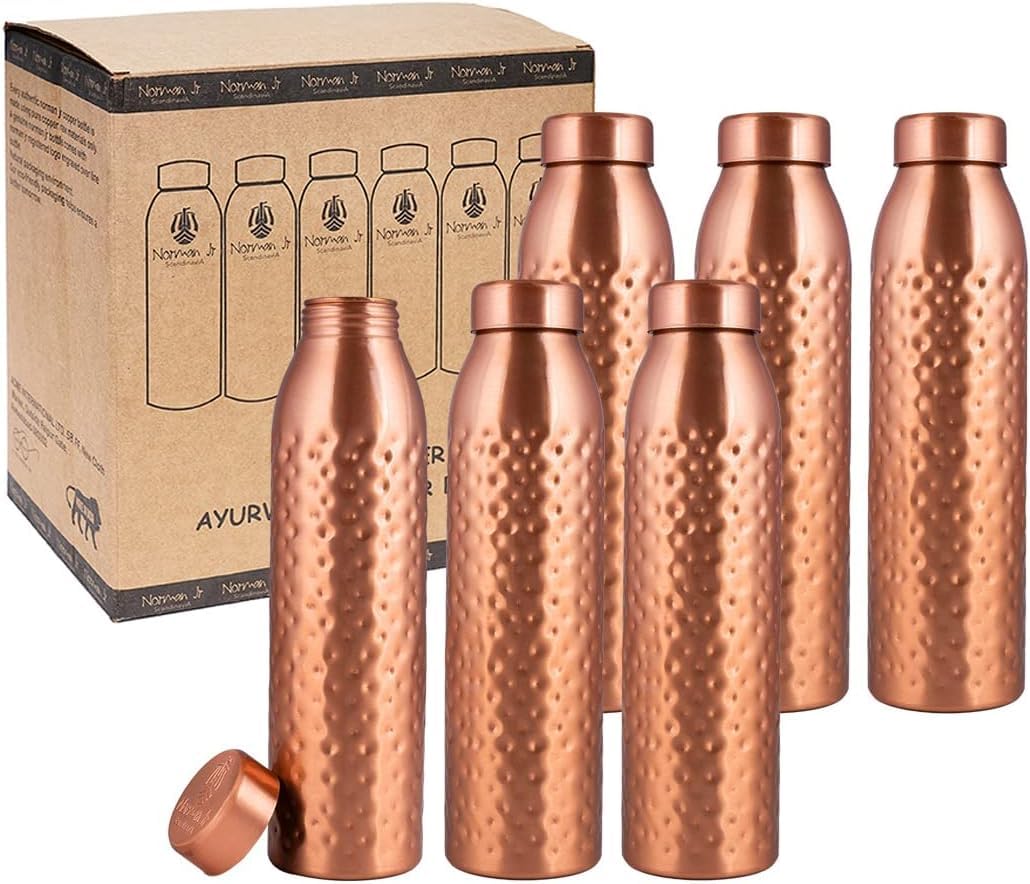 Norman Jr 1L Pure Copper Water Bottle - Set of 6 with Gift Box, Hammered Ayurvedic Copper Vessel for Healthy Hydration | Promotes Wellness, Detox & Improved Digestion | Perfect for Home, Office, Gym & Outdoor Activities