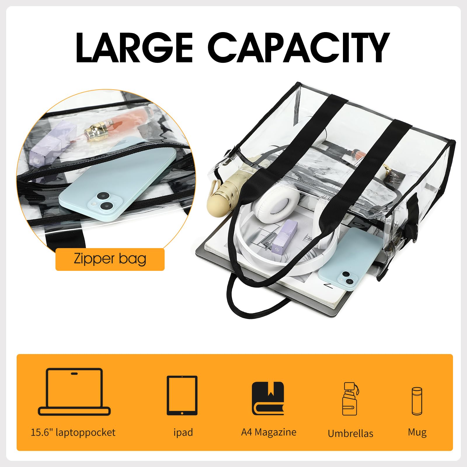 Clear Tote Bag for Women - Stadium Approved Crossbody Purse for Sports Events, Concerts & Work - Lightweight Waterproof Beach Bag for Travel & Outdoor Activities