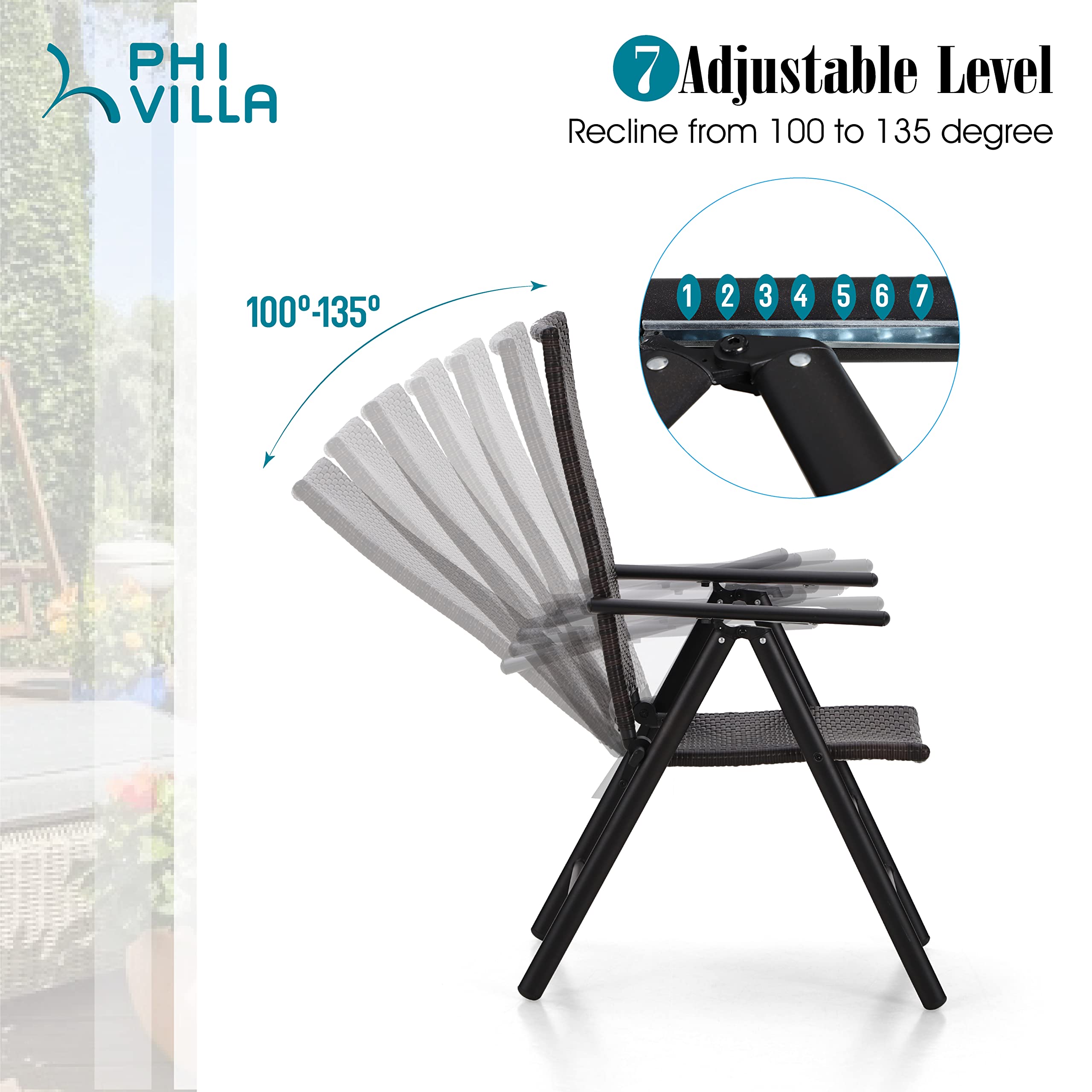 PHI VILLA Outdoor Wicker Dining Chairs Set of 2 - Adjustable Folding Patio Chairs with Cushions, All-Weather Rattan Furniture for Deck, Porch, Poolside, Backyard & Garden - Perfect for Dining, Lounging and Entertaining Guests