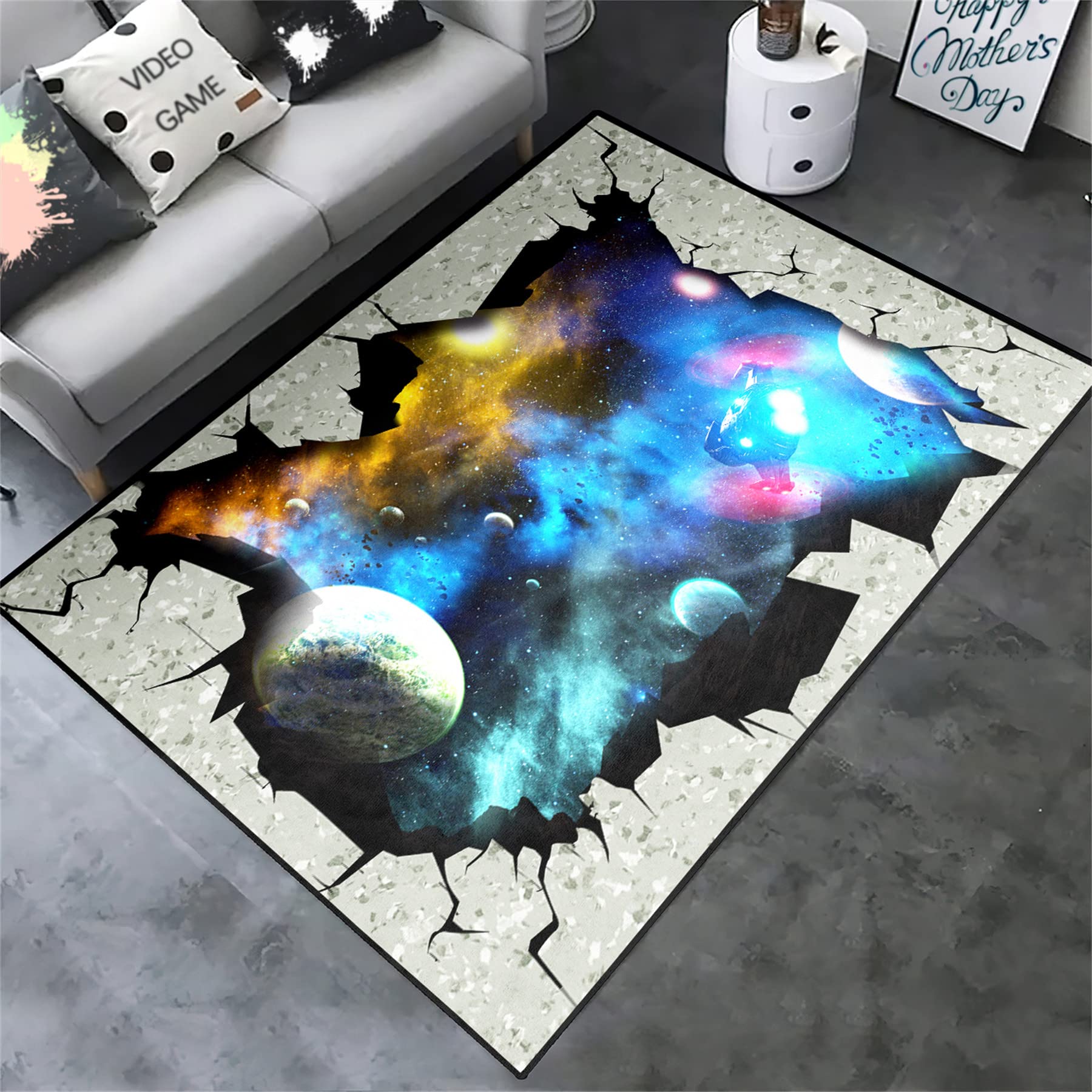 3D Universe Planets Rug - Kids Play Mat for Bedroom & Living Room