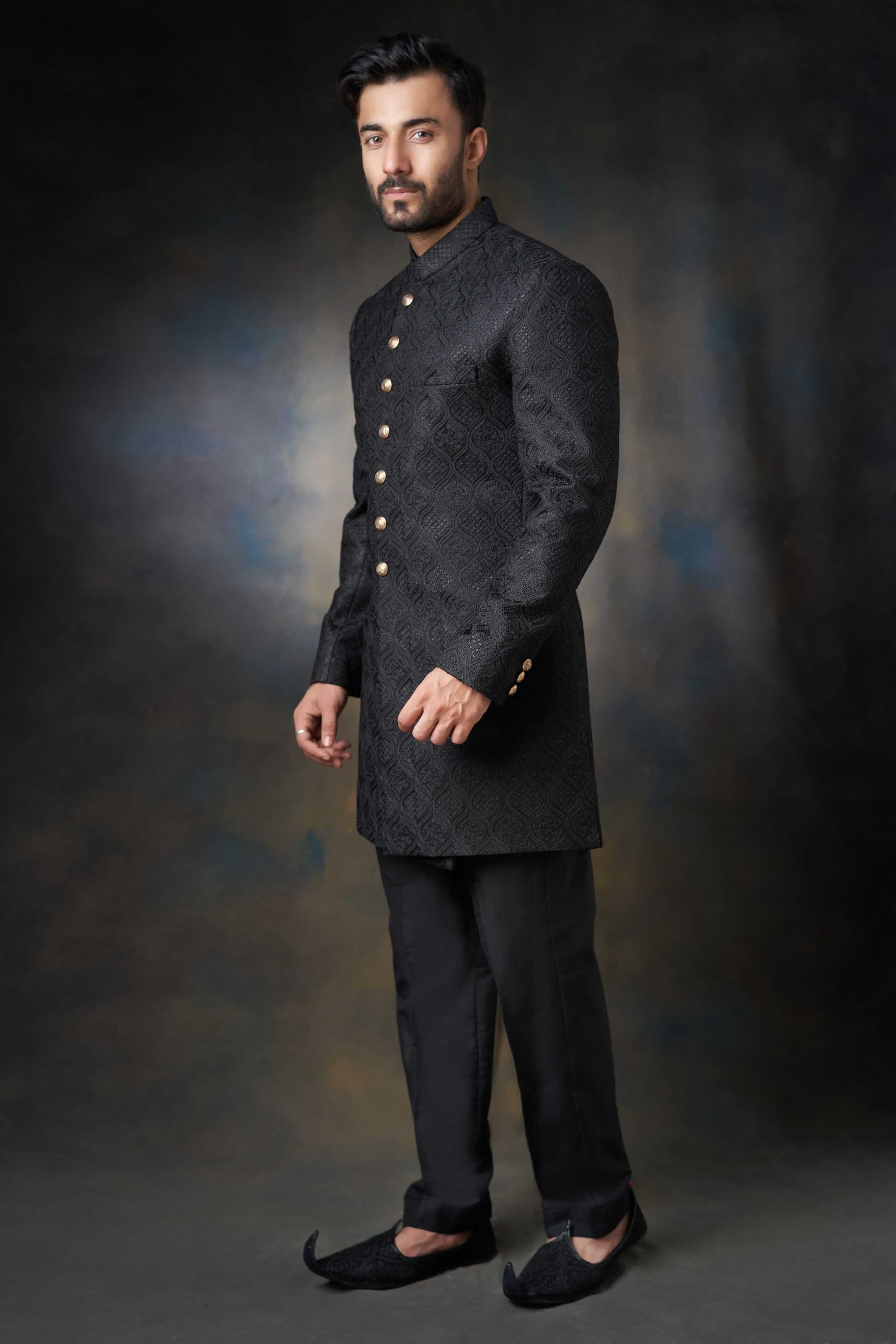Jet Black Persian Gardens Short Sherwani for Men - Elegant Traditional Indian Wedding Attire for Groom & Groomsmen - Perfect for Weddings, Festivals & Special Occasions