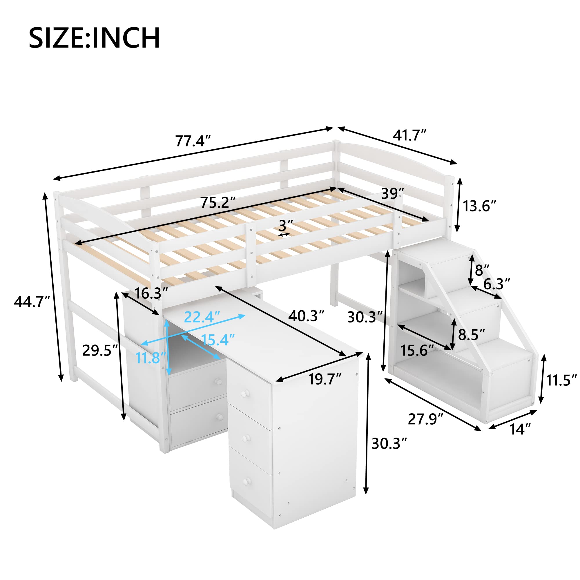 Twin Size Loft Bed with Built-in Desk & Staircase - Space Saving White Wooden Bunk Bed for Kids & Teens - Perfect for Small Bedrooms, Dorms & Studio Apartments