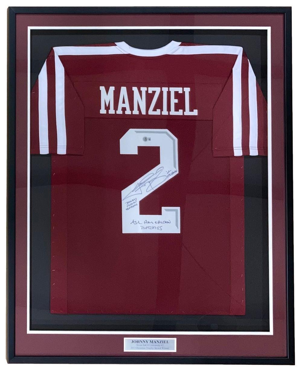 Johnny Manziel Autographed Texas A&M Aggies Framed Football Jersey with 3 Inscriptions - Limited Edition Collectible for Sports Memorabilia Fans, Man Cave Decor, and Game Room Display