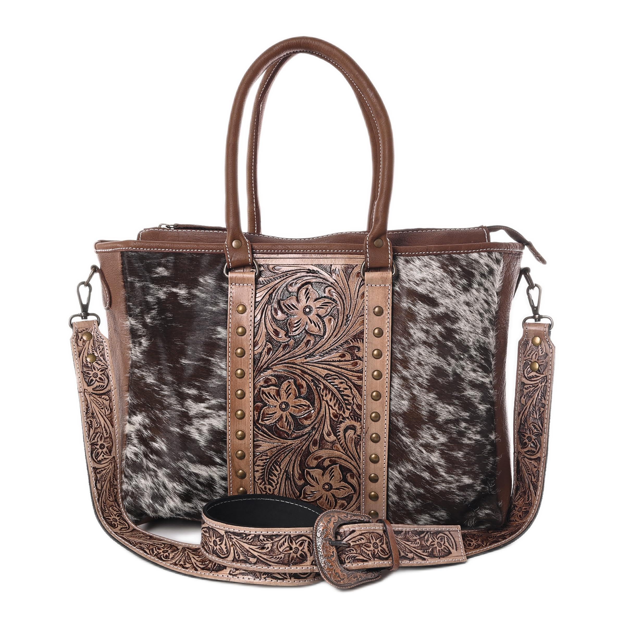 Western Cowhide Hair-on Leather Tote Bag for Women - Adjustable Tooled Shoulder Strap Leather Purse - Perfect for Work, Travel & Everyday Use