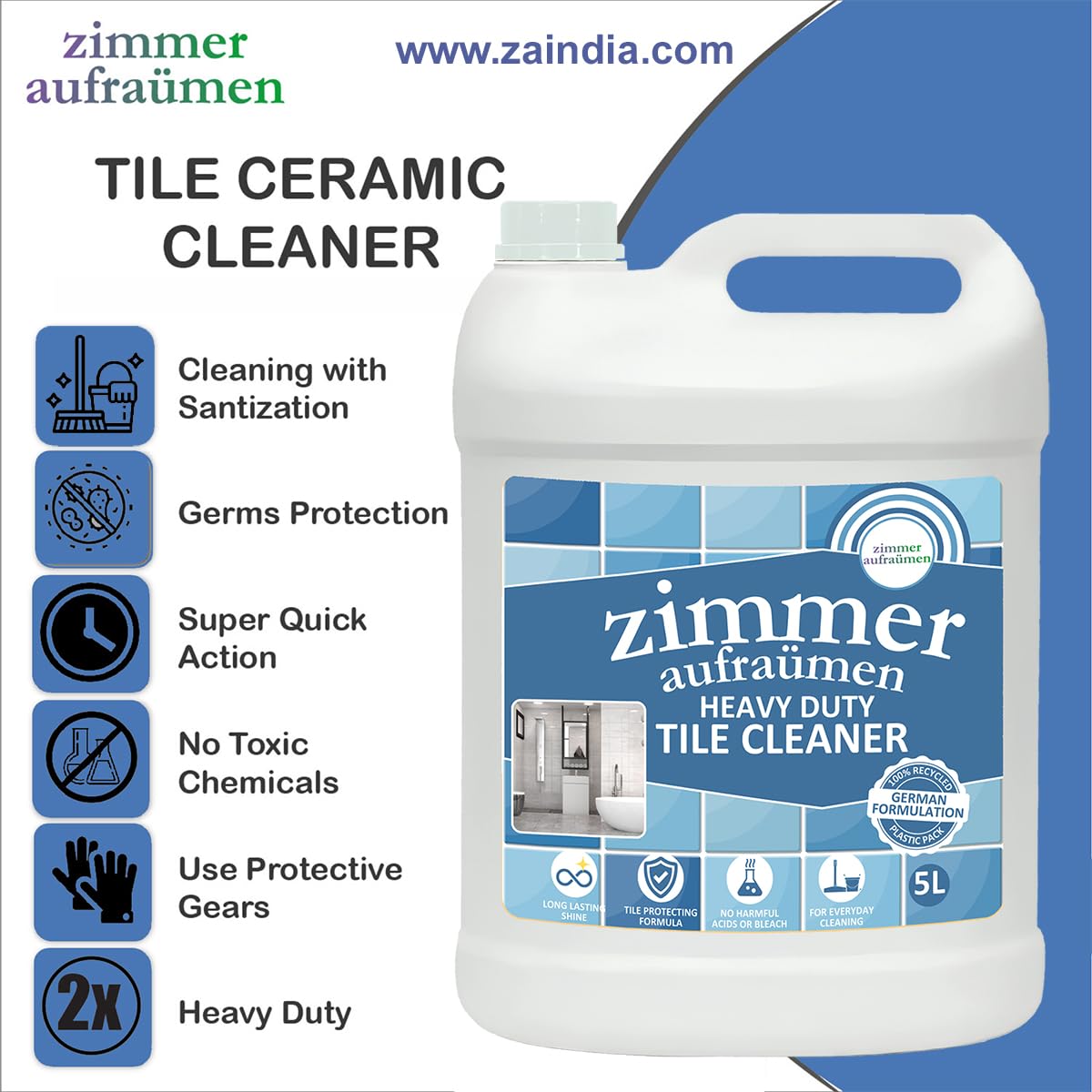 Zimmer Aufraumen Bathroom Tile Cleaner (5L) - Powerful Stain Remover for Ceramic, Porcelain & Grout - Ideal for Showers, Bathtubs & Sinks