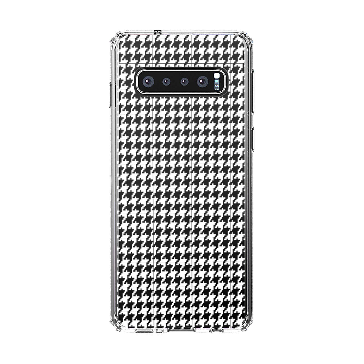 Shockproof Hybrid Case for Samsung Galaxy S10+ Plus (6.4 Inch) - Clear TPU Bumper with Acrylic Back, Fingerprint Compatible Screen Protector - White Houndstooth Design - Perfect for Daily Use, Travel & Outdoor Activities
