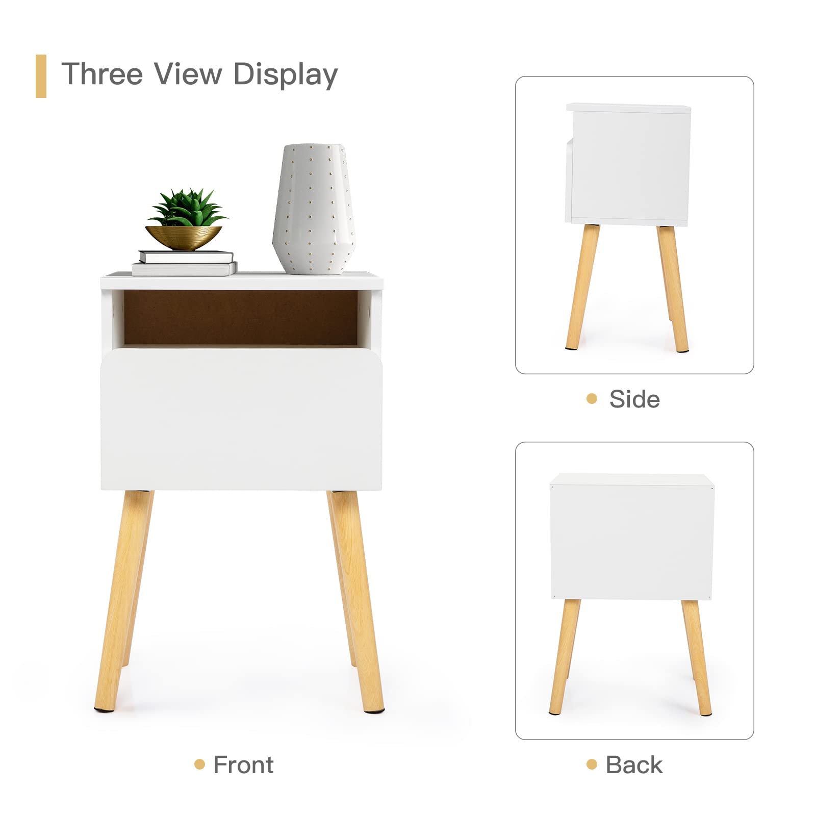 VERYKE Modern Wooden Nightstand Set of 2 - Bedroom End Tables with Drawer & Open Shelf, Solid Wood Legs Accent Side Table for Living Room, Bedroom, or Office (White) - Perfect for Storing Books, Lamps, and Bedroom Essentials