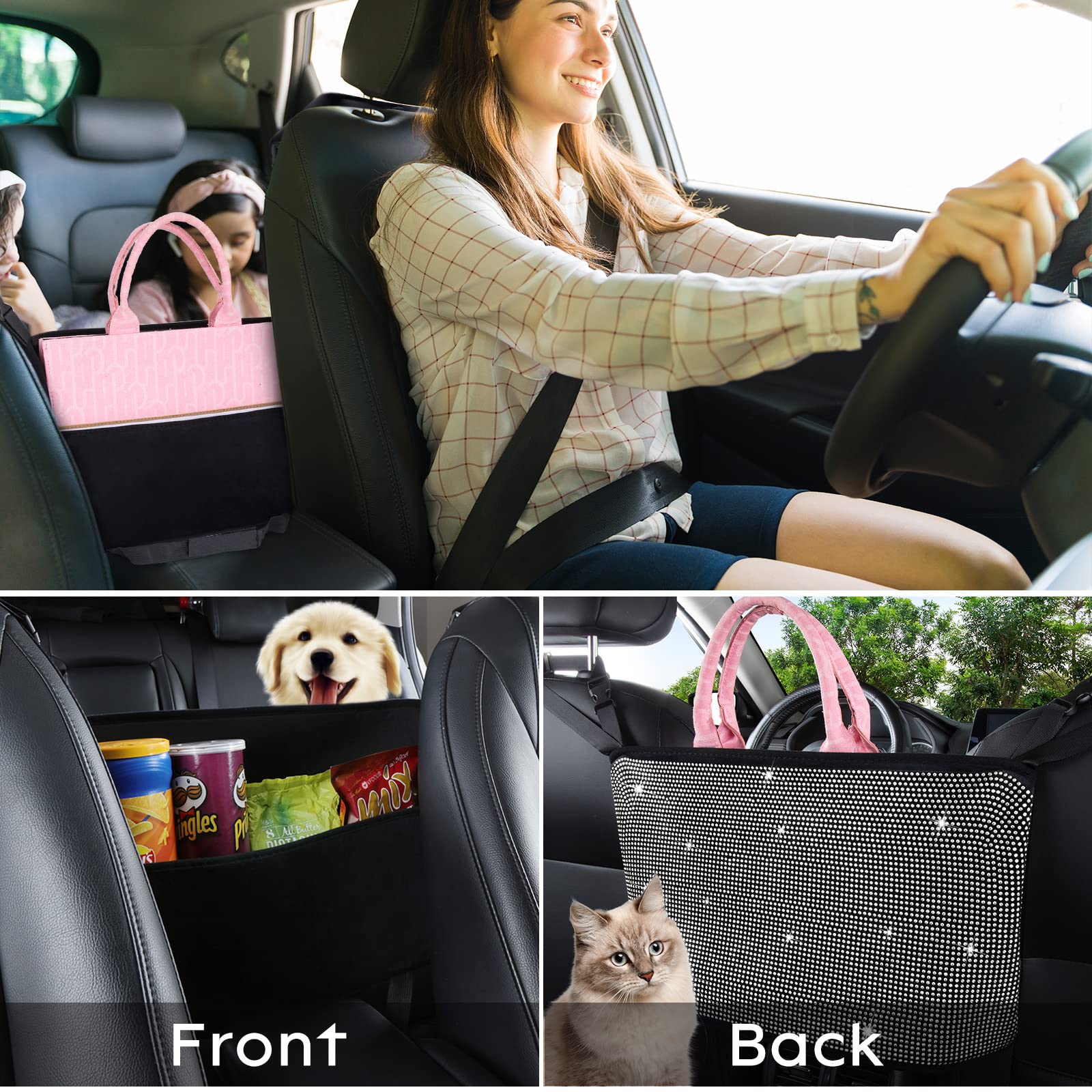 Car Organizer for Women - Seat Back Storage Net Purse Holder, Road Trip Essentials, Gift for Mom - Birthday Present Ideas - Perfect for Travel, Commuting & Daily Errands (White)