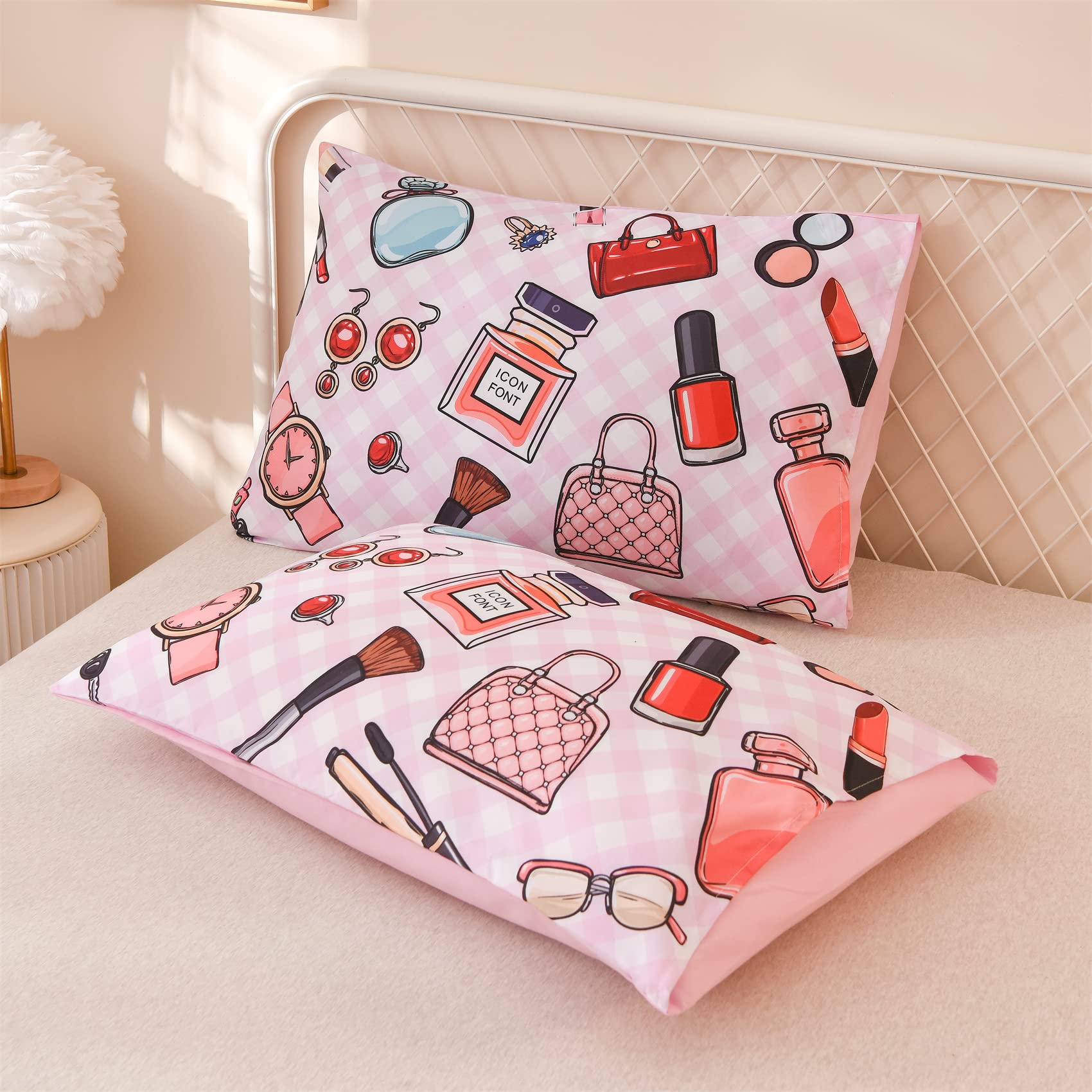 Pink Makeup Theme Quilt Set with Pillowcases - Queen Size for Girls Bedroom