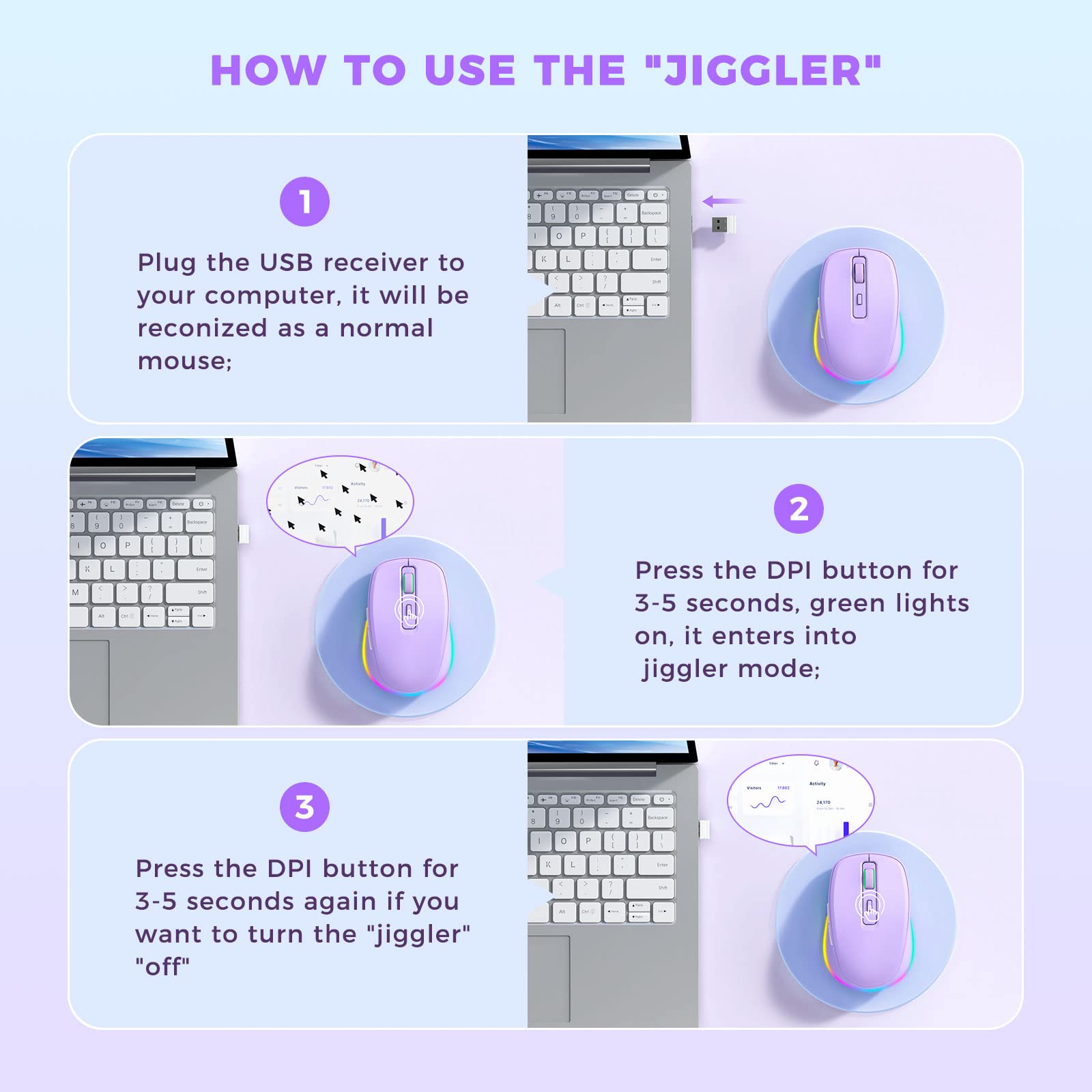 Wireless Mouse Jiggler with Undetectable Random Movement - Rechargeable LED Mouse Mover for Laptop, Keeps Computer Awake (Purple) - Perfect for Remote Work, Online Meetings, and Preventing Sleep Mode
