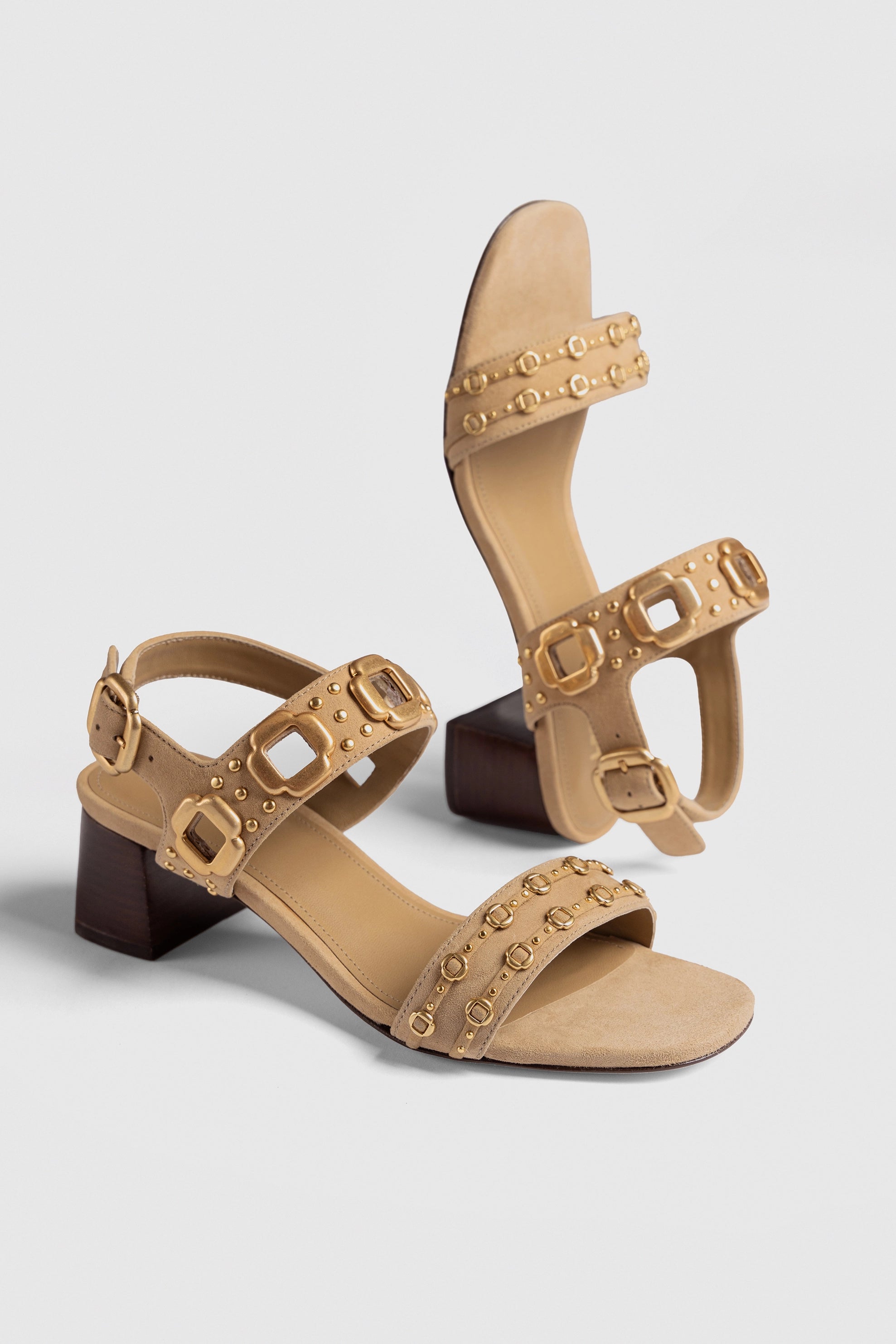 Milan Studs Block Heel Sandals in Peanut Suede - Comfortable Women's Summer Shoes for Beach, Party & Casual Outings