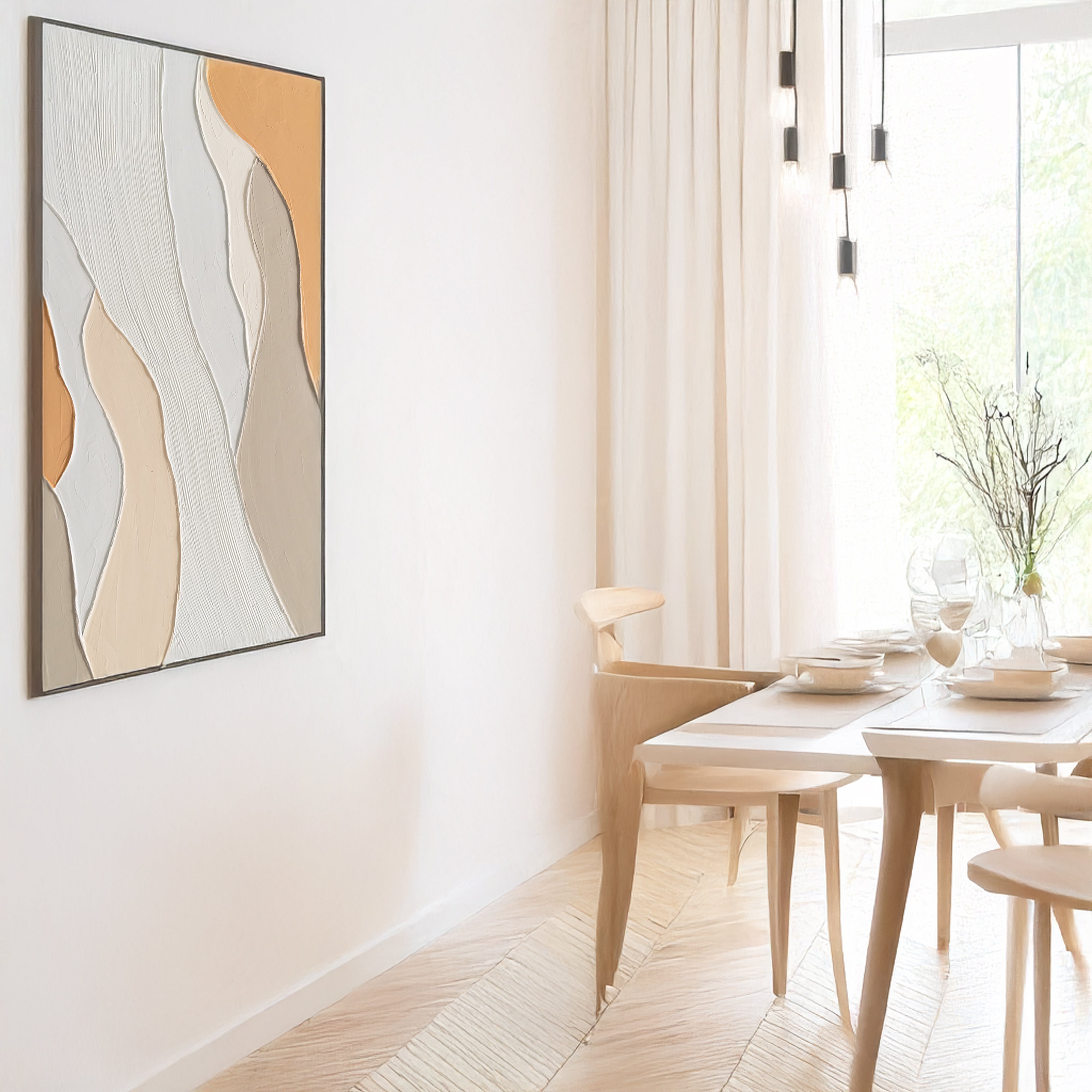 Urban Style Textured Apricot Waves Oil Painting Brushstrokes - Handmade Wall Art for Living Room, Bedroom & Office Decor