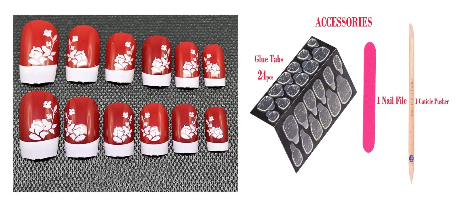 ELA A1(5) Fancy Nails & Accessories Kit - 12pc Press on Nails, 24pc Nail Glue Tabs, Mini Nail Filer & Cuticle Pusher Stick - Perfect for Home Manicure, Salon Use & Party Nail Art