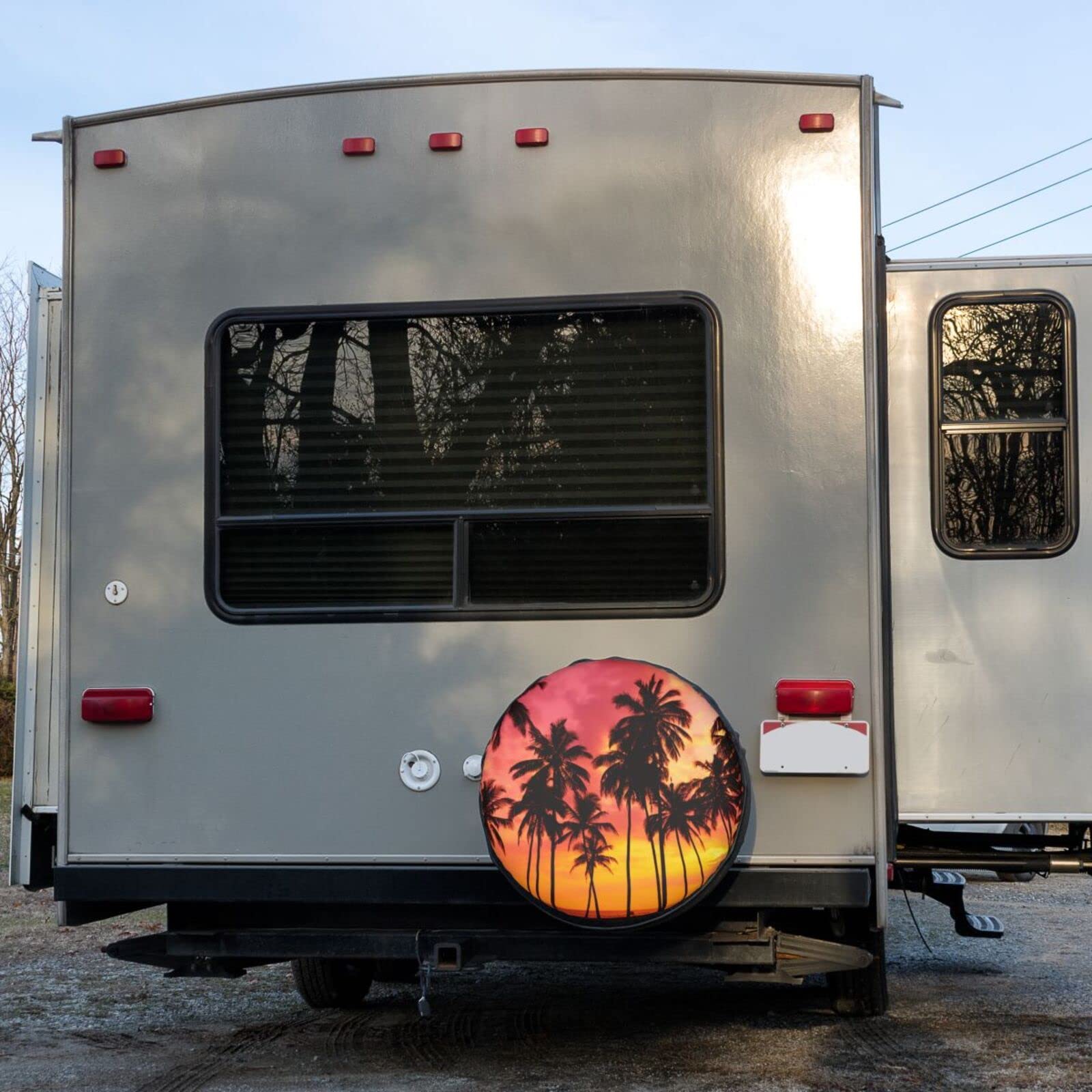 Premium 17-Inch Tropical Beach Palm Tree Silhouette Spare Tire Cover - Dust-Proof Wheel Protector for Trailers, RVs, SUVs & More | Perfect for Road Trips & Beach Adventures