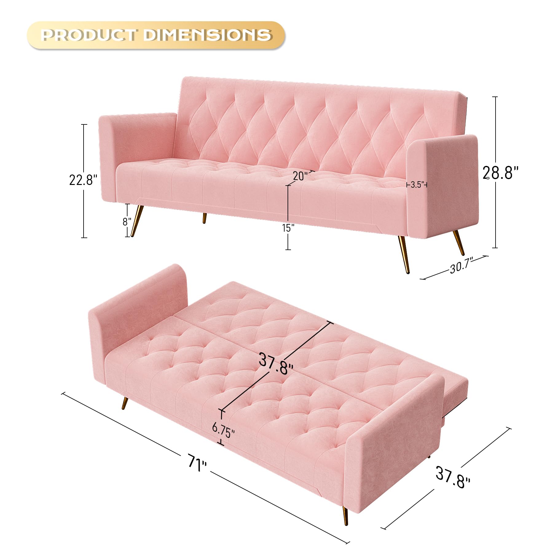 OUYESSIR 71-inch Velvet Convertible Futon Sofa Bed with 2 Pillows - Pink Sleeper Couch for Small Spaces, Living Room & Bedroom - Modern Comfort for Apartments, Dorms & Guest Rooms