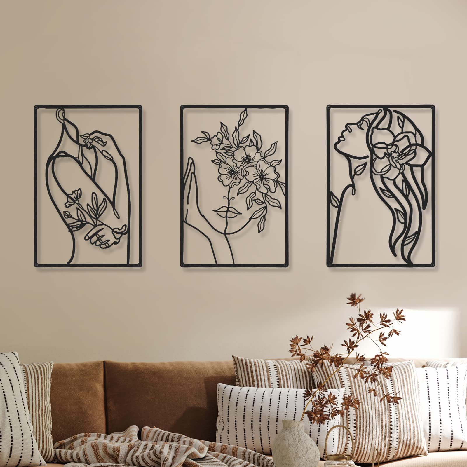 Minimalist Abstract Line Drawing Wall Art - 3 Piece Metal Woman Silhouette Decor for Living Room, Kitchen, Bathroom | Modern Home & Office Wall Decor for Women