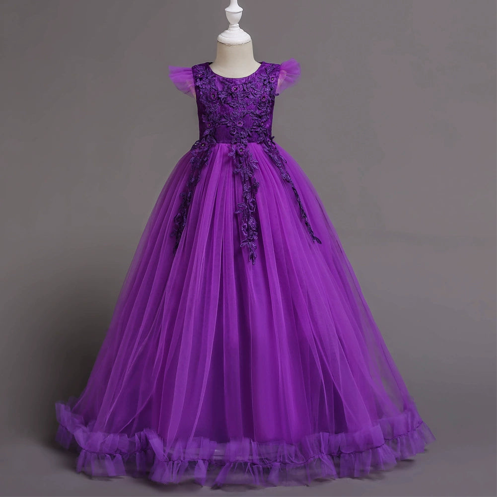 Elegant Purple A-Line Floor-Length Lace Flower Girl Dress for Weddings & Special Occasions | Perfect for Bridal Parties, Pageants & Formal Events