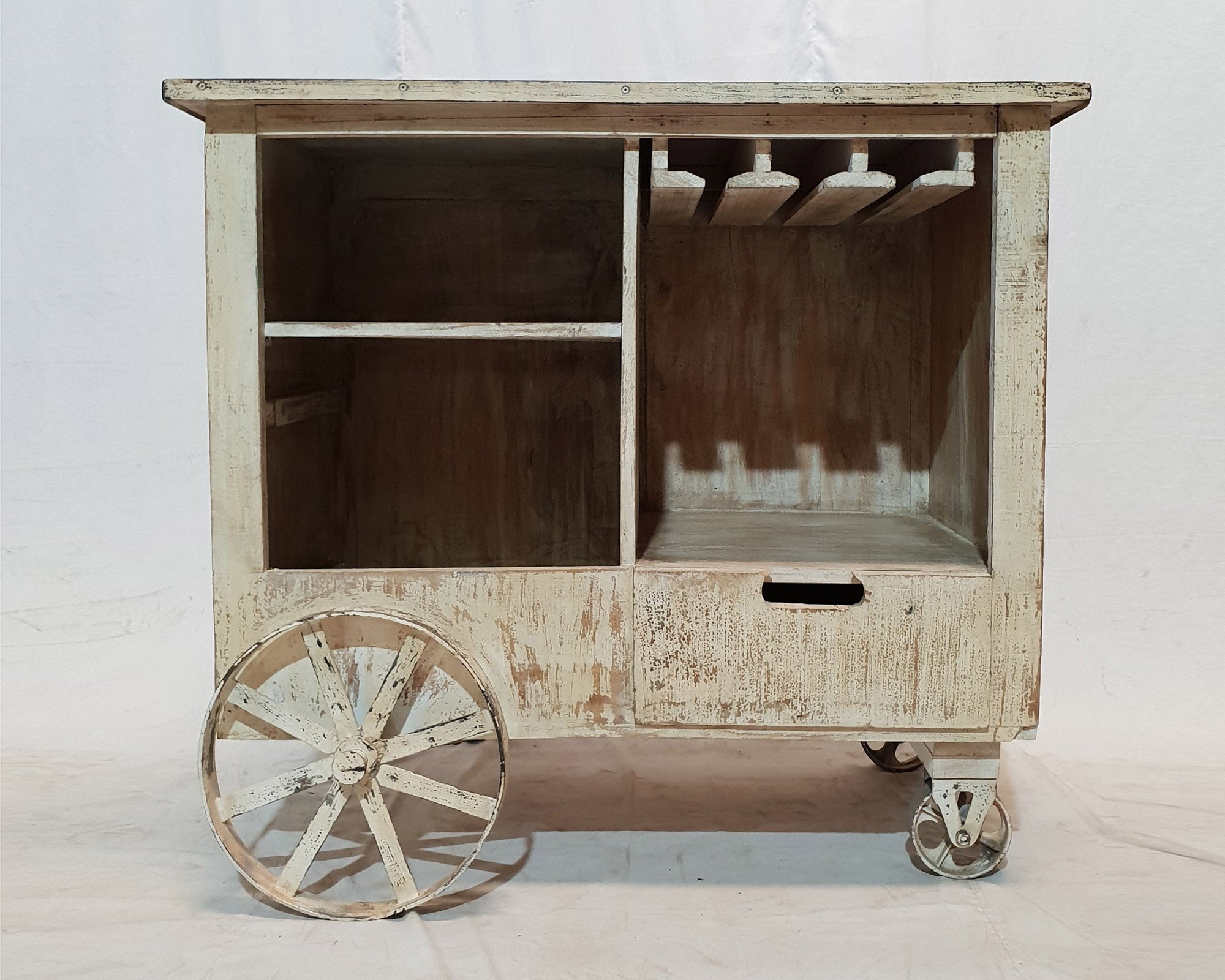 Vintage French Style Shabby Chic Home Bar Cabinet - White Wine Rack & Drinks Cart for Living Room, Dining Room, or Kitchen Decor
