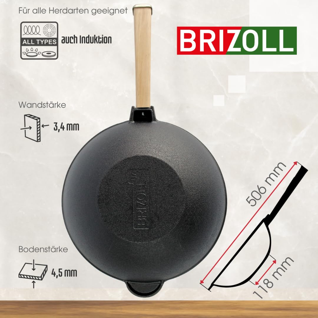 4BIG.fun 26cm Cast Iron Wok Pan with Wooden Handle - 2.8L Capacity - Outdoor & Camping Cooking - Perfect for Stir Fry, Sautéing, and Open Flame Cooking