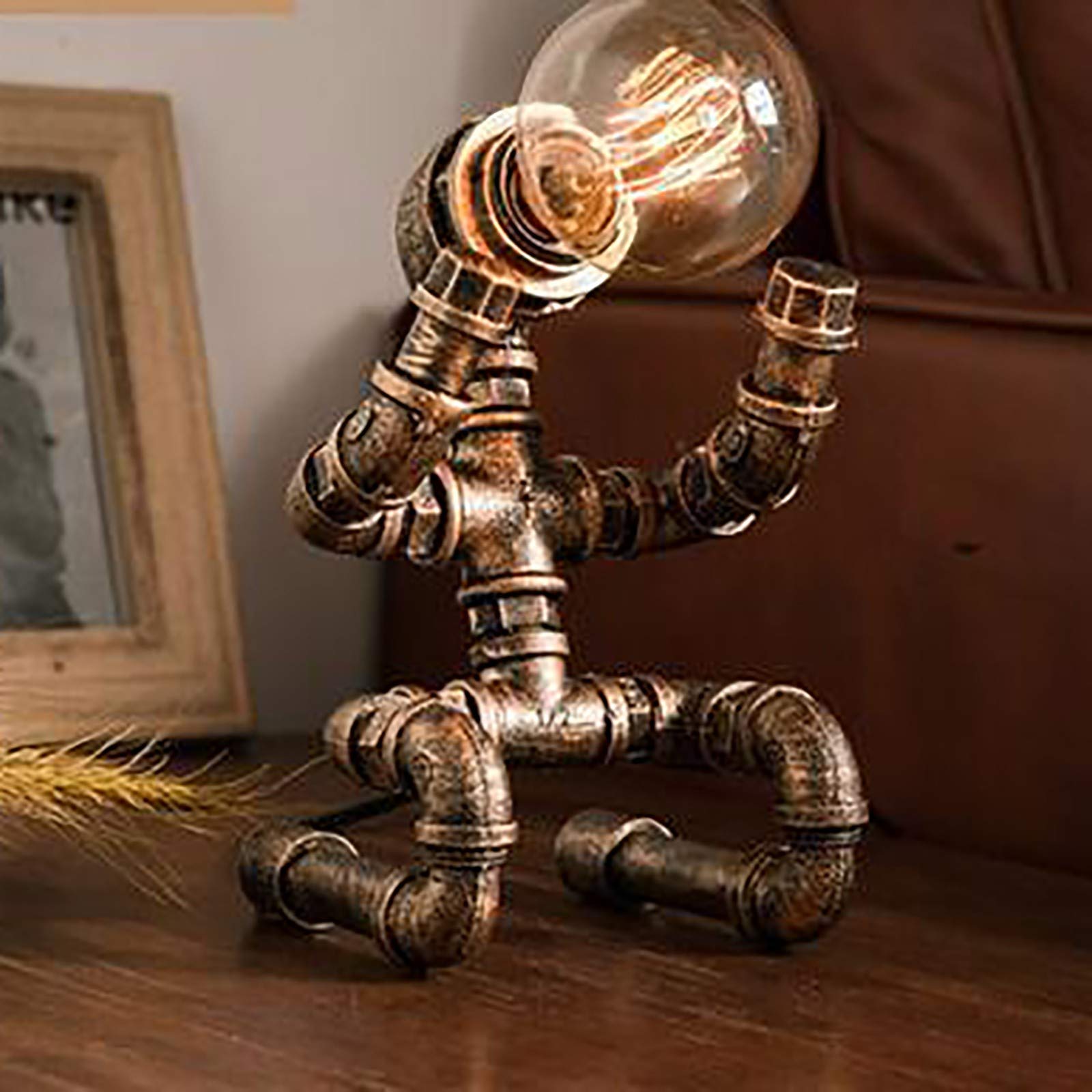 Vintage Industrial Copper Pipe Robot Table Lamp - Steampunk Rustic Desk Light for Home Office Decor (Bulb Not Included) | Perfect for Living Room, Bedroom, or Study Lighting