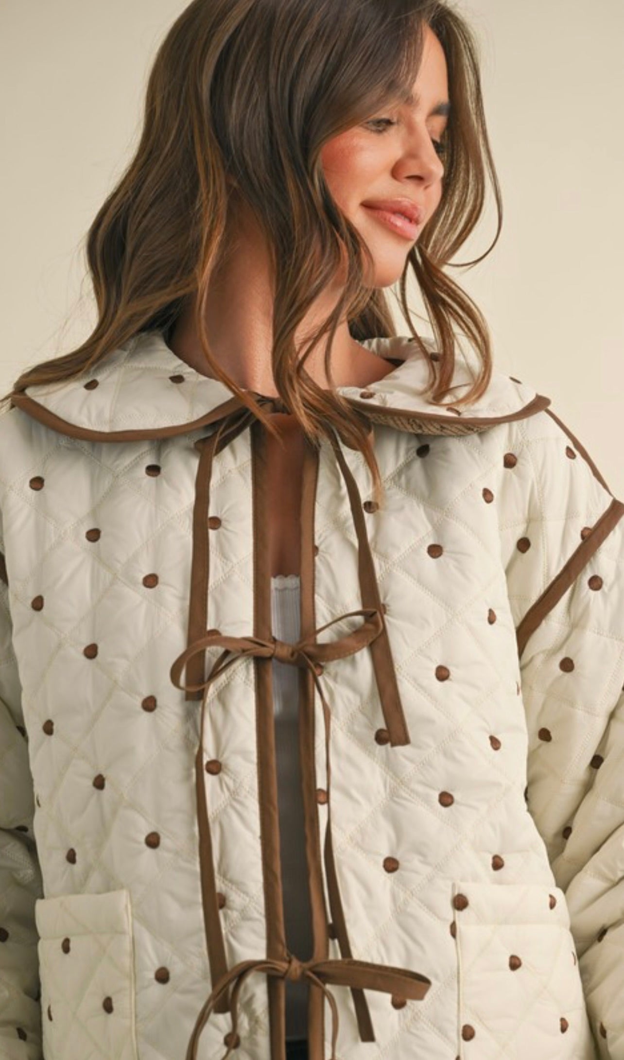 Polkadot Embroidered Quilted Jacket - Cream & Brown | Stylish Women's Outerwear for Fall & Winter | Perfect for Casual Outings, Coffee Dates & Outdoor Activities