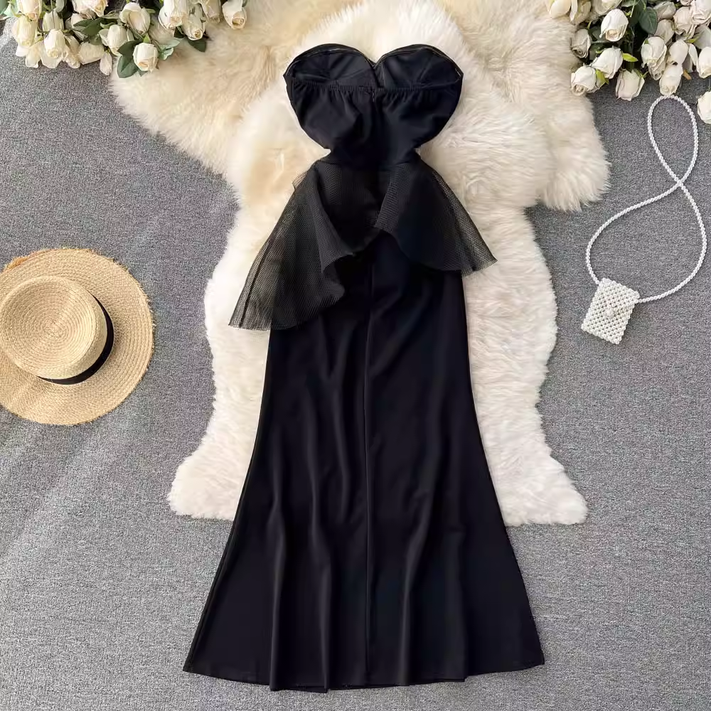 Elegant Black Tube Top Evening Dress with High Slit - Sheath Long Skirt for Women | Perfect for Cocktail Parties, Prom, and Formal Events