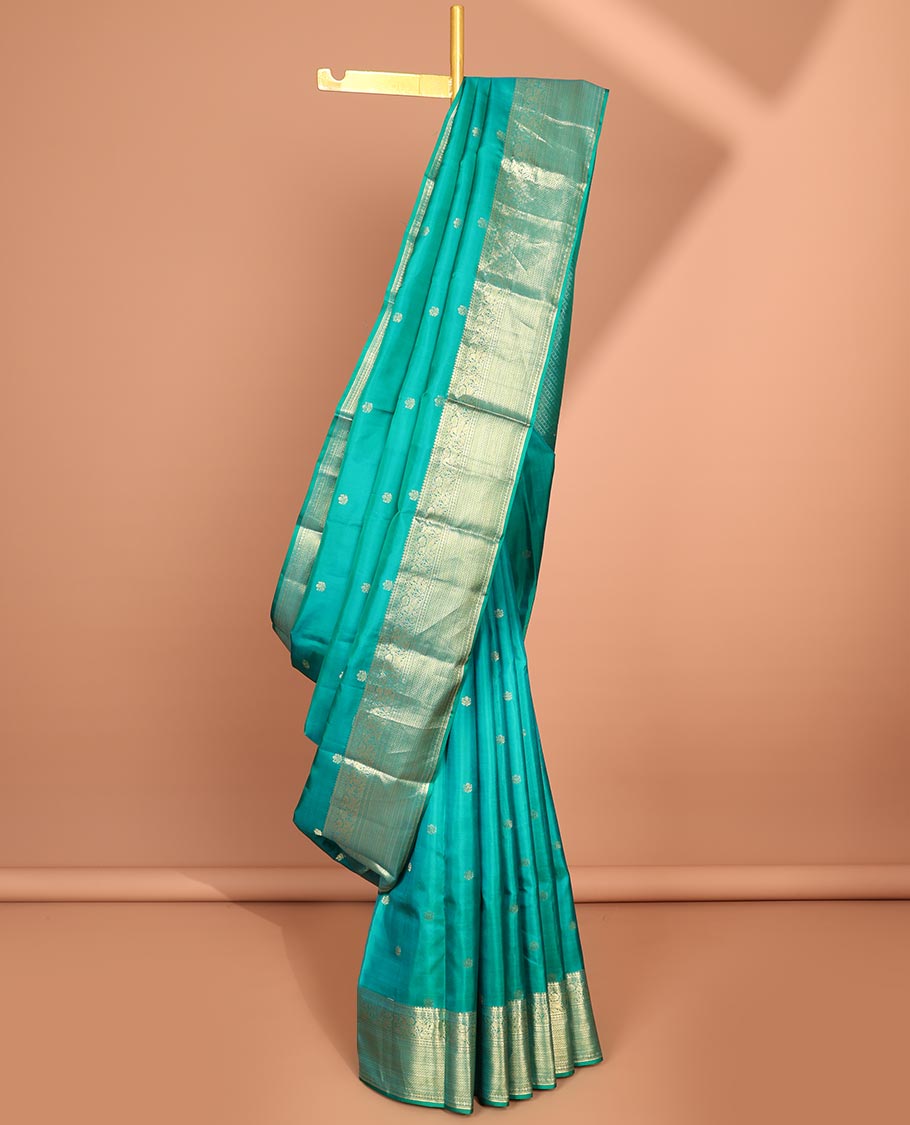 Exquisite Blue Butta Silk Saree with Intricate Pallu & Border Featuring Traditional Thilakam, Poun, Kuthirai & Mayil Kann Motifs - Perfect for Weddings, Festivals & Special Occasions