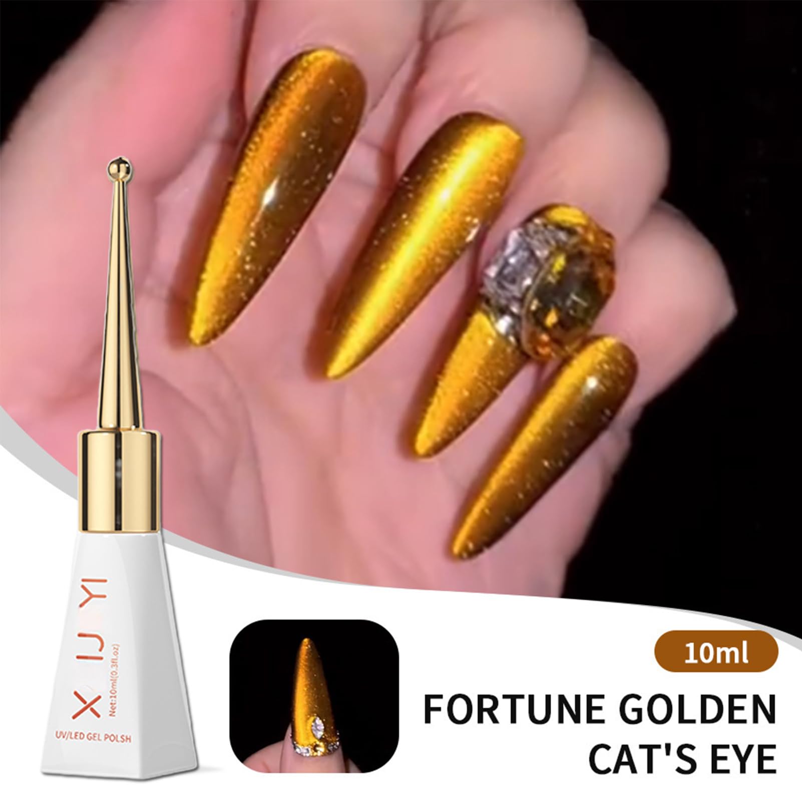 Magnetic Gold Cat Eye Gel Nail Polish - Long Lasting Shiny Reflective UV Gel Polish for Women - 10ML Gold Glitter Nail Art Design - Perfect for Parties, Weddings & Special Occasions