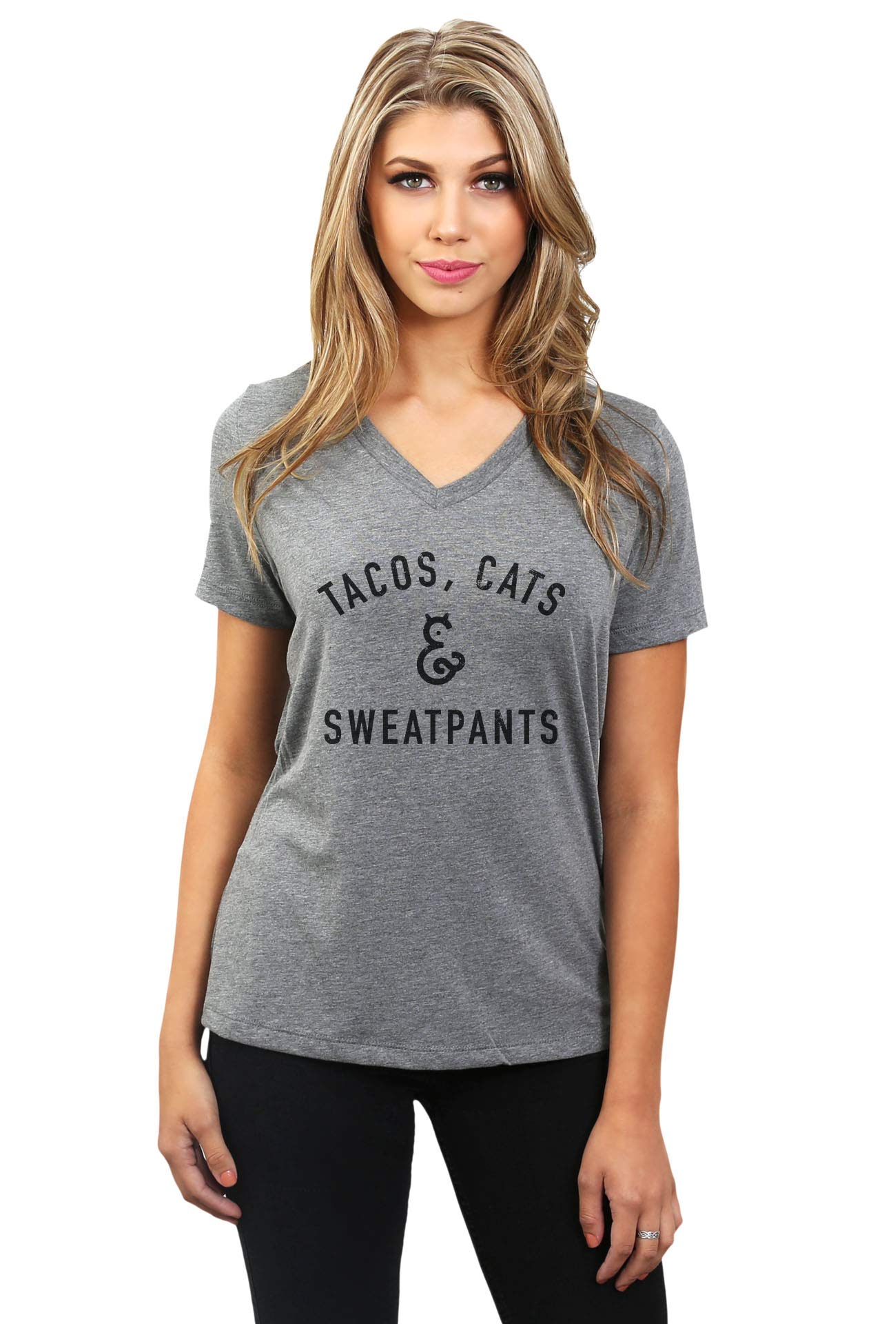 Women's Fashion Relaxed V-Neck T-Shirt - Soft Cotton Casual Tee with 'Tacos Cats and Sweatpants' Print | Perfect for Weekend Lounging, Coffee Dates & Casual Outings