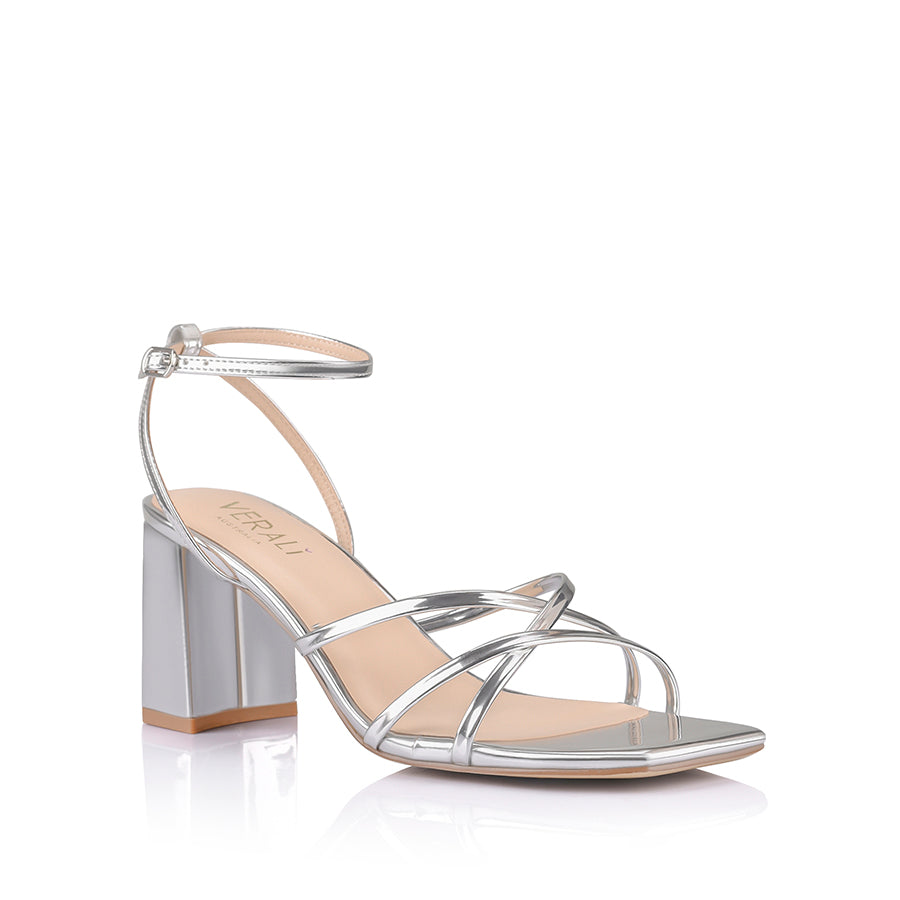 Nakita Women's Block Heel Sandals - Silver Mirror Glitter Summer Dress Shoes for Weddings, Parties & Night Out