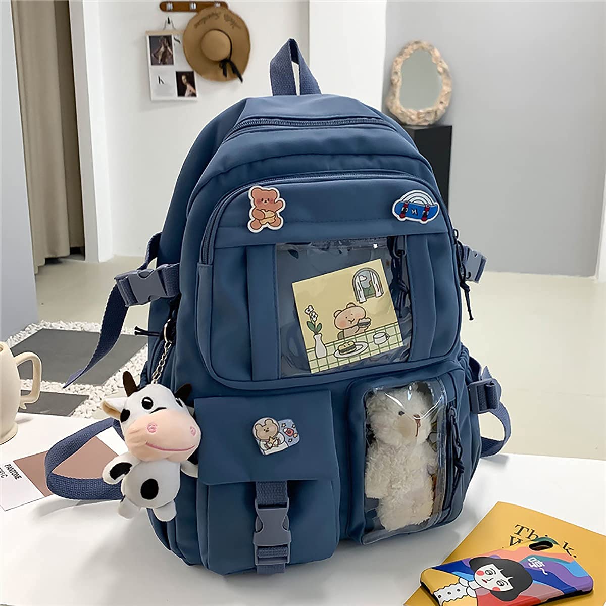 Cute Kawaii Aesthetic Backpack with Badge Pins & Keychain Pendant - Lightweight Travel Backpack for School, College, Anime Conventions & Daily Use