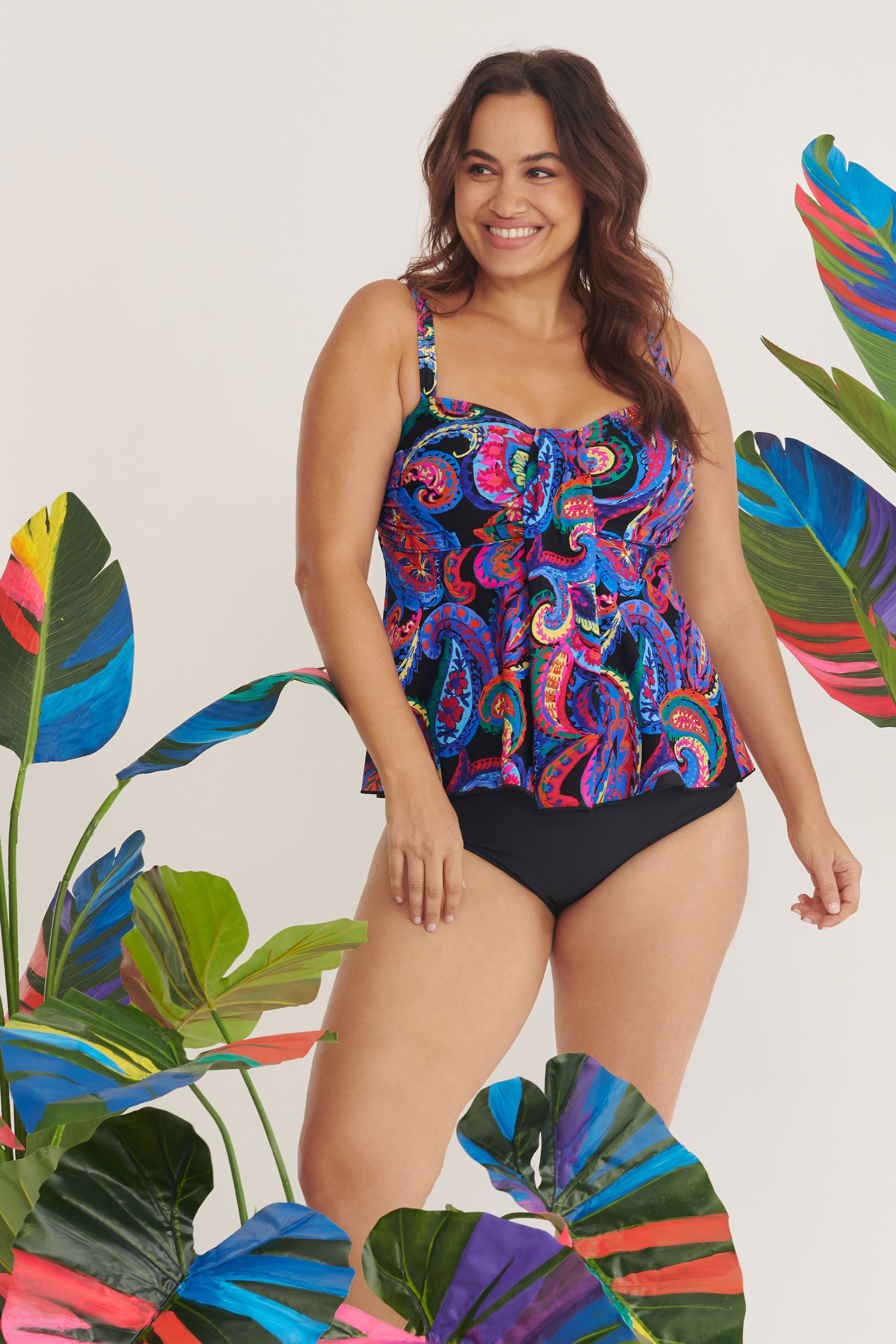 Plus Size Drape Bandeau Tankini Top - French Paisley Print Swimwear for Women | Beach Vacation & Pool Party Outfit