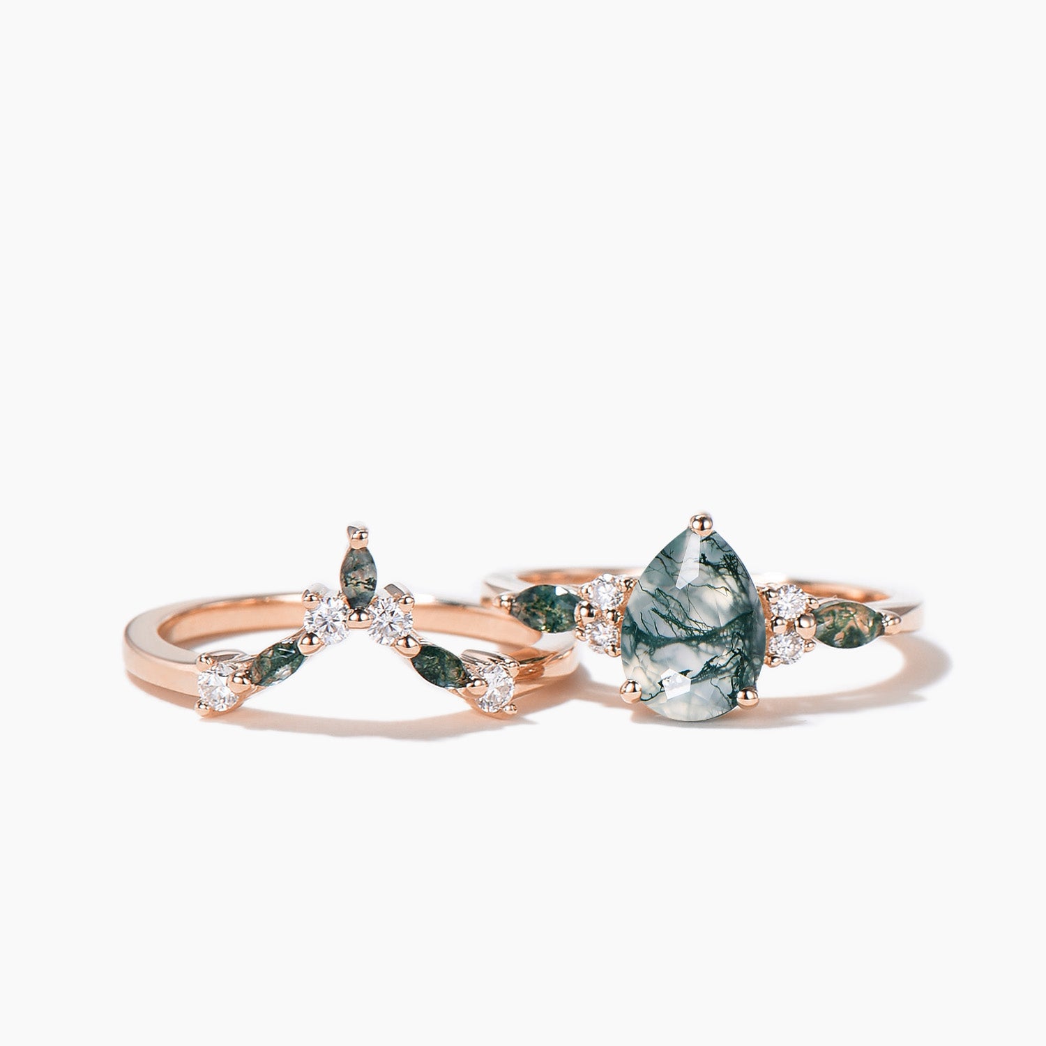 Natural Moss Agate Bridal Ring 14k Rose Gold Diamond Pear Wedding Ring – Elegant Engagement Jewelry for Brides, Nature-Inspired Wedding Band for Outdoor & Boho Ceremonies