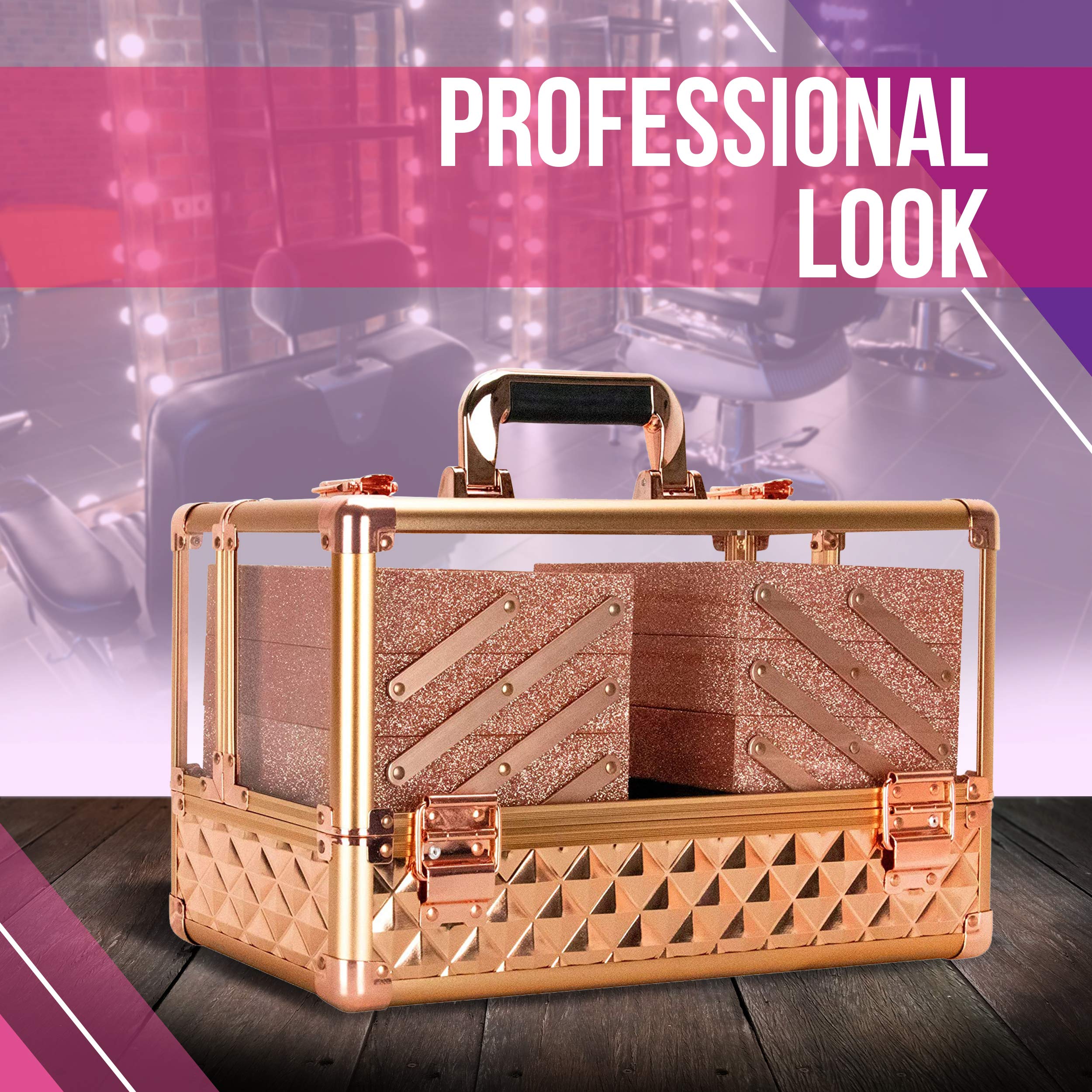 Ver Beauty Professional Jewelry & Makeup Organizer - 3.8mm Heavy Duty Acrylic Travel Case with 6 Extendable Trays & Keylocks (Rose Gold Diamond) - Perfect for Travel, Home Storage & Cosmetic Display