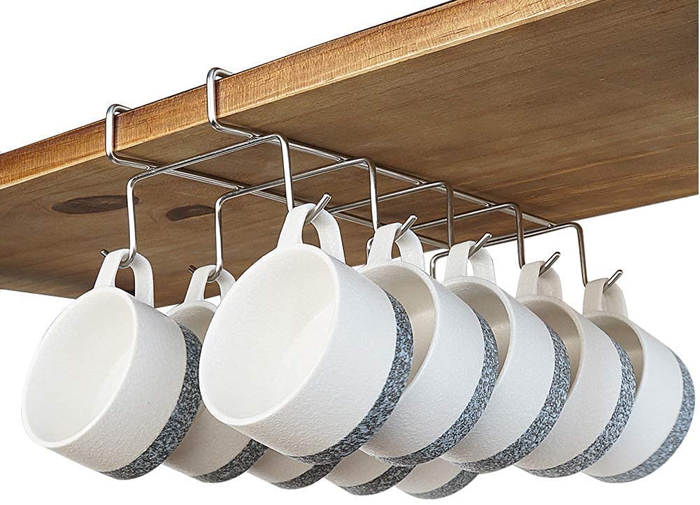 MohRee Stainless Steel Cup Holder Stand - 10 Hook Kitchen Organizer for Coffee Mugs & Tea Cups - Space Saving Under Shelf Hanger Rack - Perfect for Small Kitchens, Coffee Bars and Office Break Rooms