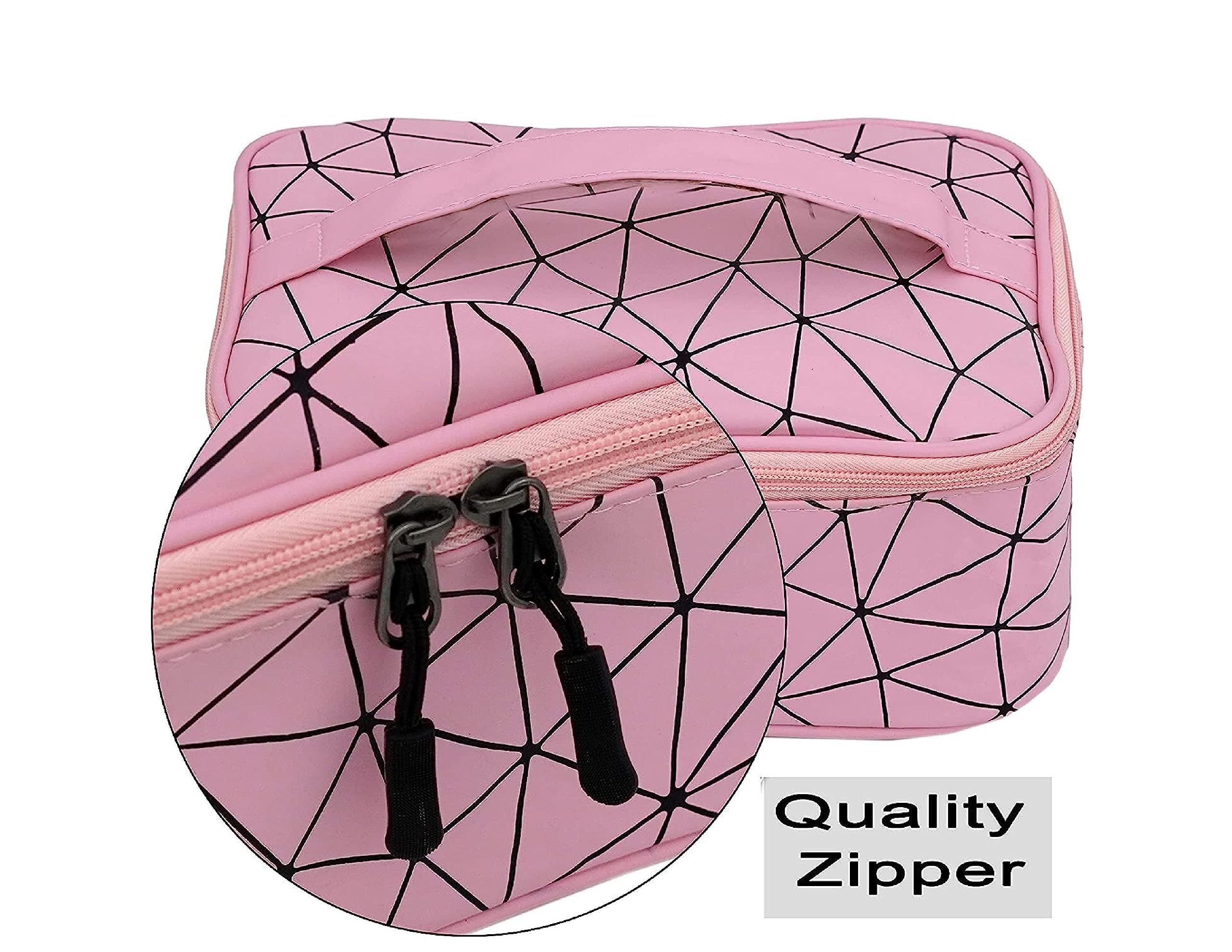 IndiRocks Waterproof Travel Makeup Bag - Portable Cosmetic Organizer with Zipper, Diamond Pattern Toiletry Case for Women & Men (Pink) - Perfect for Airplane Carry-on, Gym, Beach & Daily Essentials Storage