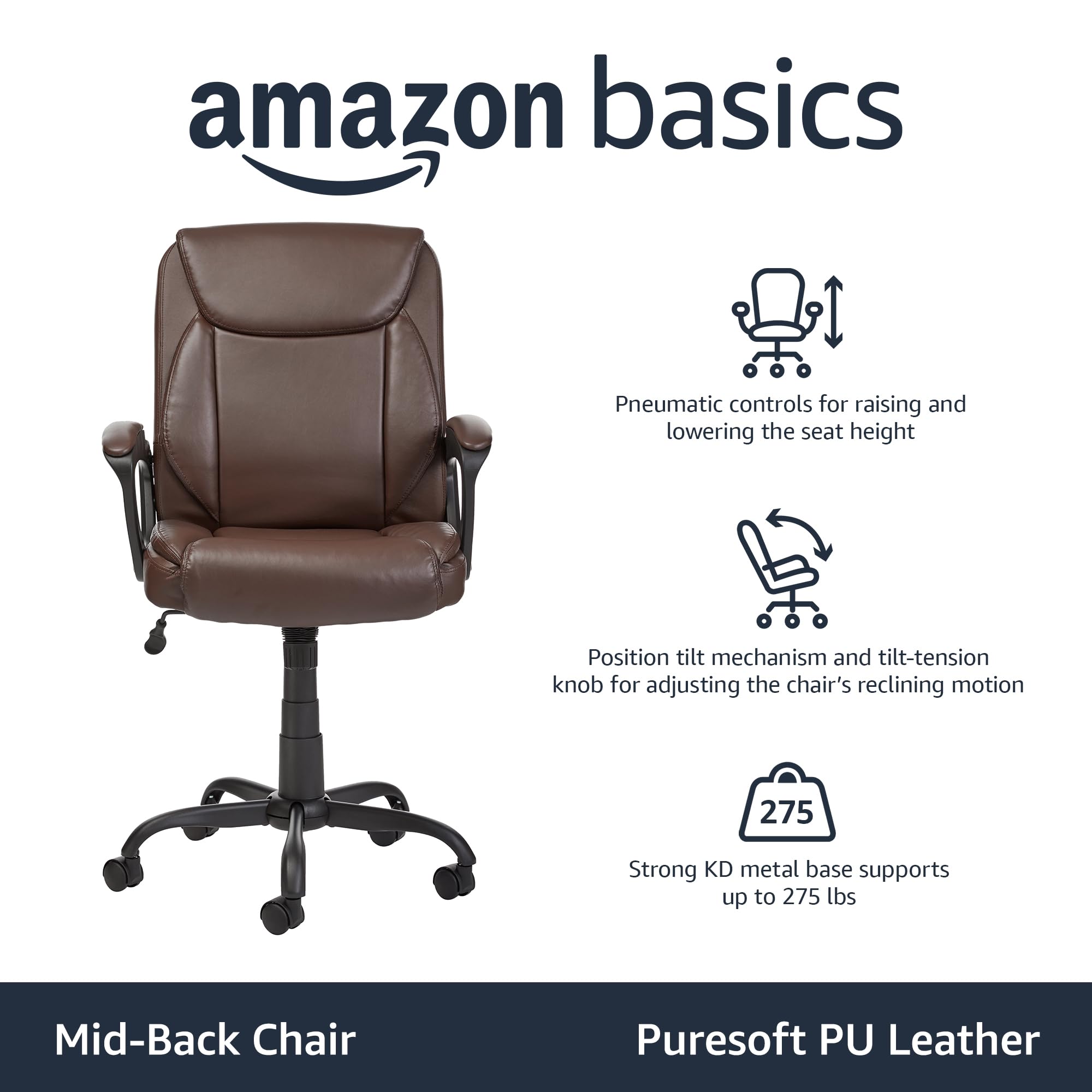 AmazonBasics Classic Puresoft PU-Padded Mid-Back Office Chair with Adjustable Armrests - Ergonomic Desk Chair for Home & Office, Brown - Perfect for Long Work Hours, Gaming & Study Sessions