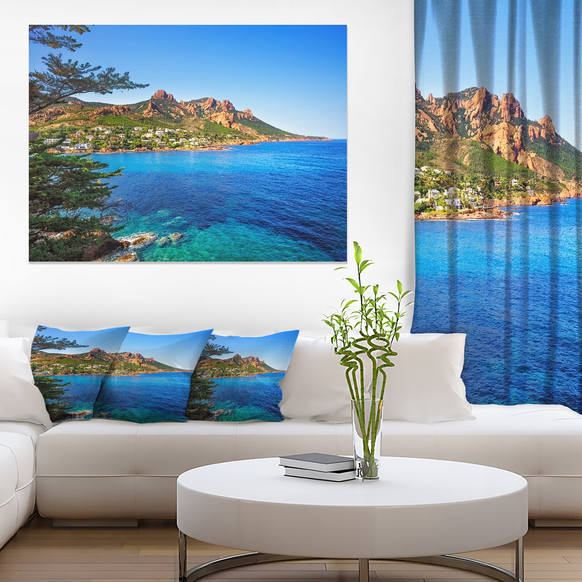 Esterel Rocks Beach Coast in Blue - Extra Large Seashore Canvas Wall Art for Living Room, Bedroom & Office Decor | Coastal Landscape Painting | Ocean Themed Home Decor