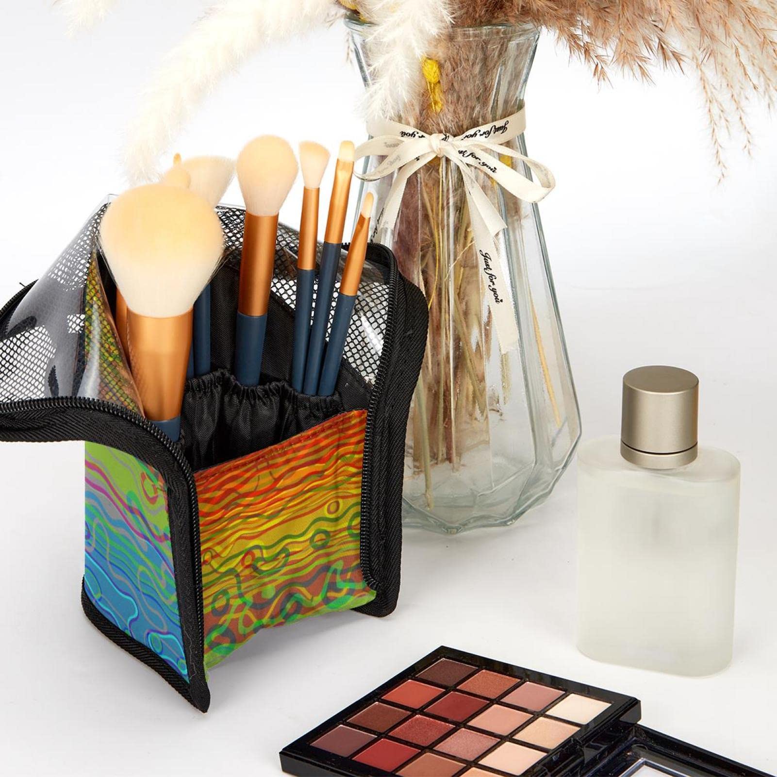 12-Piece Makeup Brush Organizer Bag with Colorful Stripes - Portable Travel Cosmetic Brush Holder Case for Professional Artists & Beginners (Perfect for Travel, Home Vanity & Salon Use)