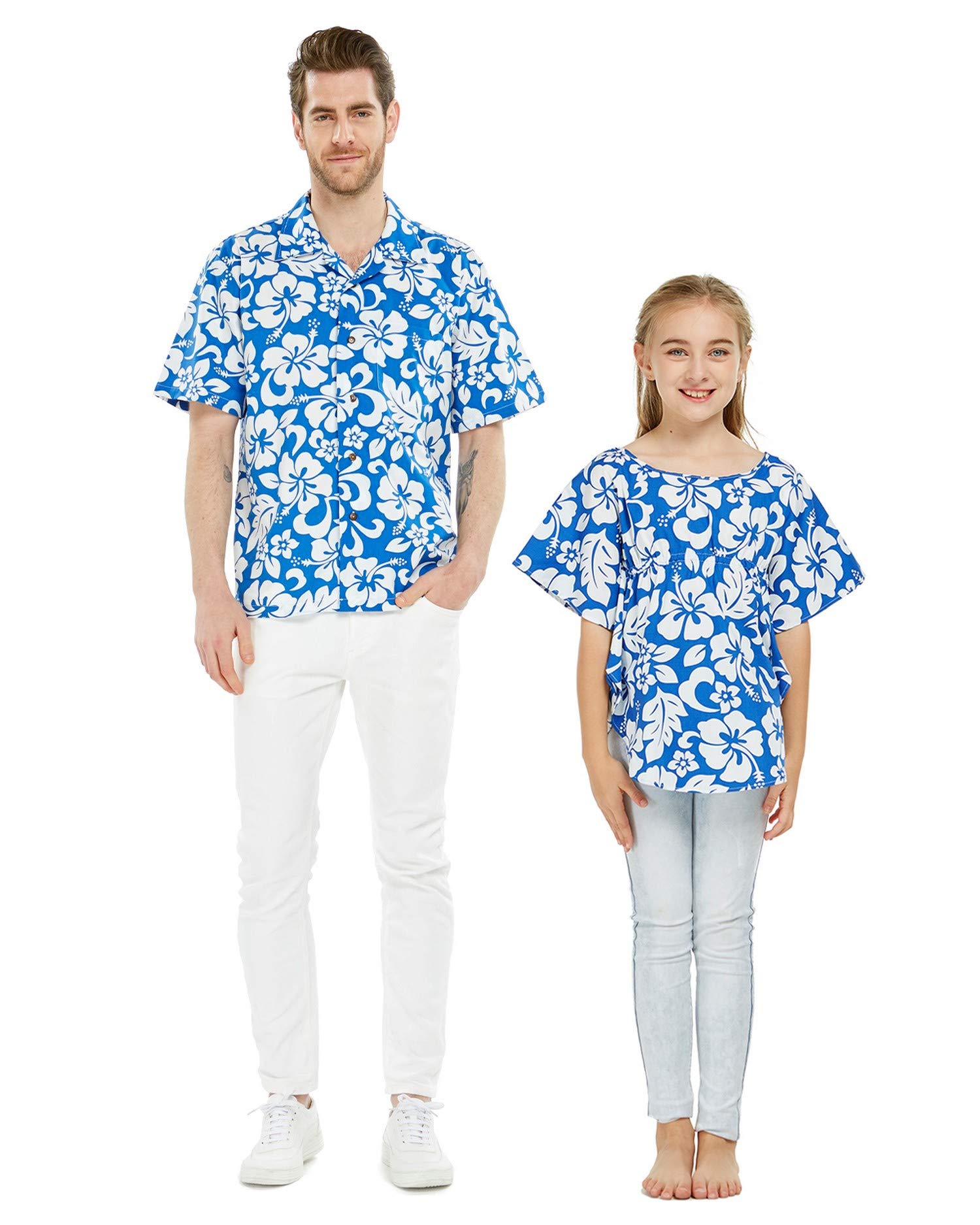 Hawaiian Matching Father Daughter Dance Shirts - Classic Blue Hibiscus Print Poncho Tops for Luau Parties & Family Events