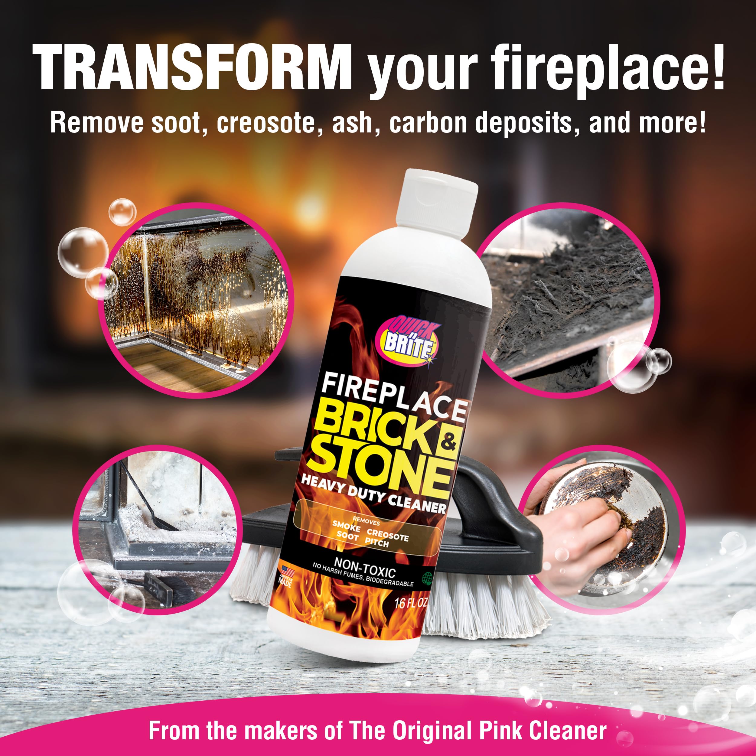 Quick N Brite Fireplace Gel Cleaner with Scrub Brush - Nonabrasive Deep Clean for Brick, Stone, Tile & Marble Fireplaces - Made in USA (16 oz) - Perfect for Indoor/Outdoor Fireplace & Hearth Maintenance
