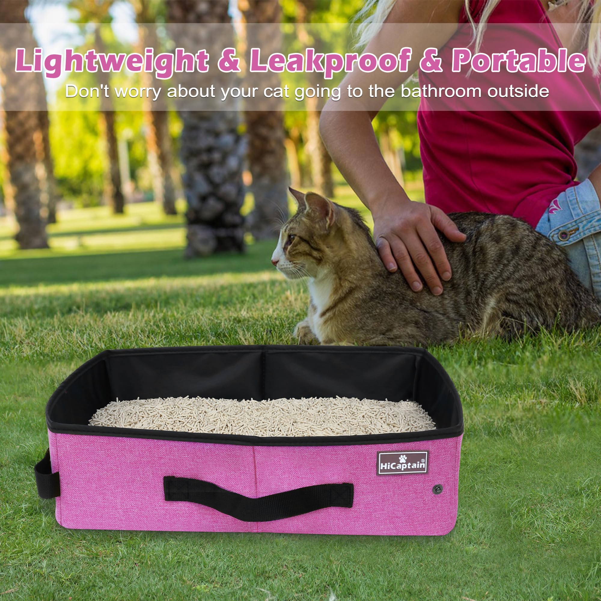 HiCaptain Portable & Collapsible Cat Litter Box for Travel - Leak-Proof, Sturdy & Lightweight Design - Perfect for Car Trips with Medium Cats & Kittens (Pink) - Ideal for Road Trips, Camping & Vet Visits