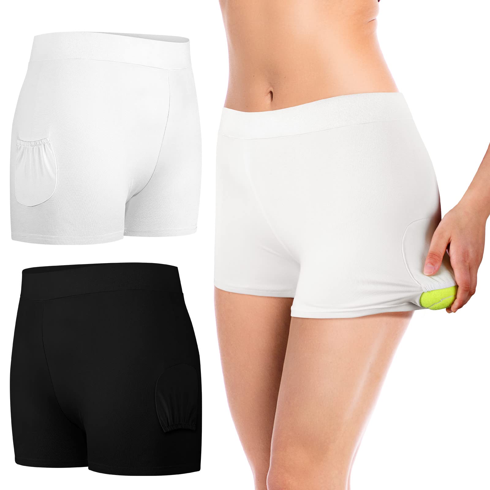 2 Pack Women's Tennis Under Shorts with Ball Pockets - Yoga Workout Shorts for Women - Moisture Wicking & Tummy Control - Black & White - Perfect for Tennis, Yoga, Gym & Running