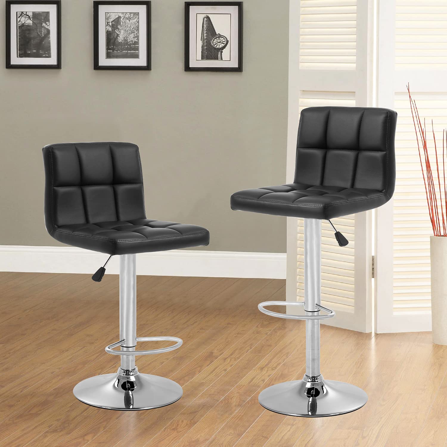 Modern Adjustable Swivel Bar Stool Set of 2 - PU Leather Counter Height Barstools with Hydraulic Lift for Kitchen, Dining Room & Home Bar - Black (Perfect for Entertaining & Casual Dining)