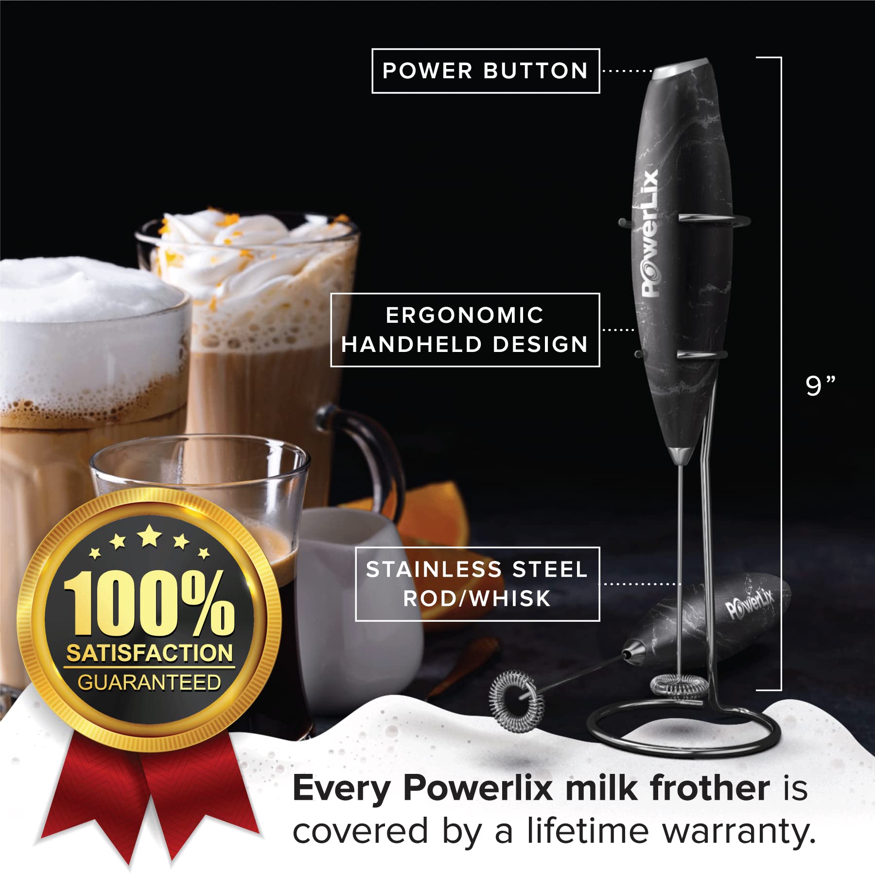 PowerLix Powerful Handheld Milk Frother - Battery Operated Foam Maker for Coffee, Latte & Cappuccino - Includes Stand & 2 Speeds - Perfect for Home, Office & Coffee Shops (Black Marble)