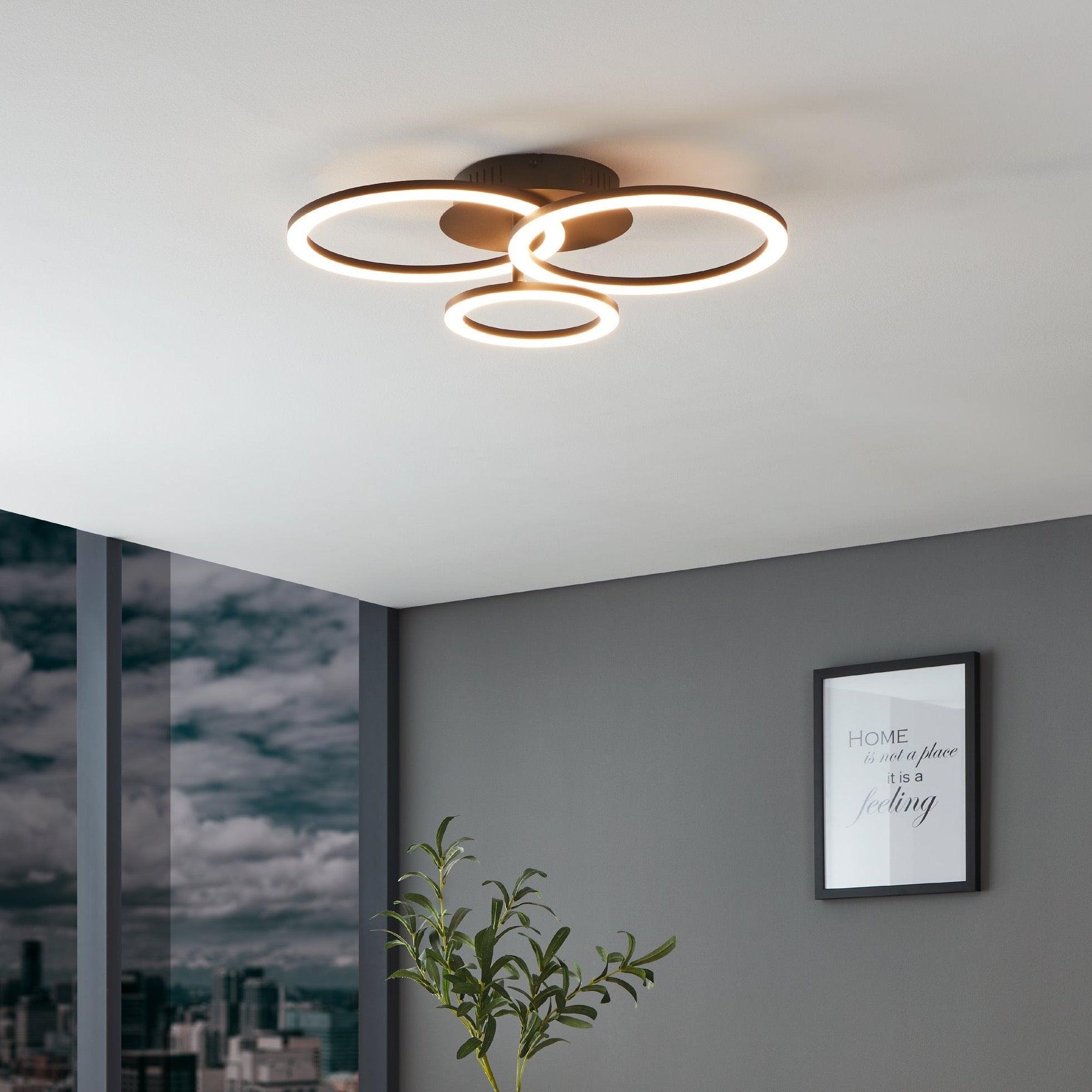 Eglo Connect Parrapos Z Smart LED Ceiling Light - 3 Circle Design in Black & White | Modern Home & Office Lighting for Living Room, Bedroom, or Workspace