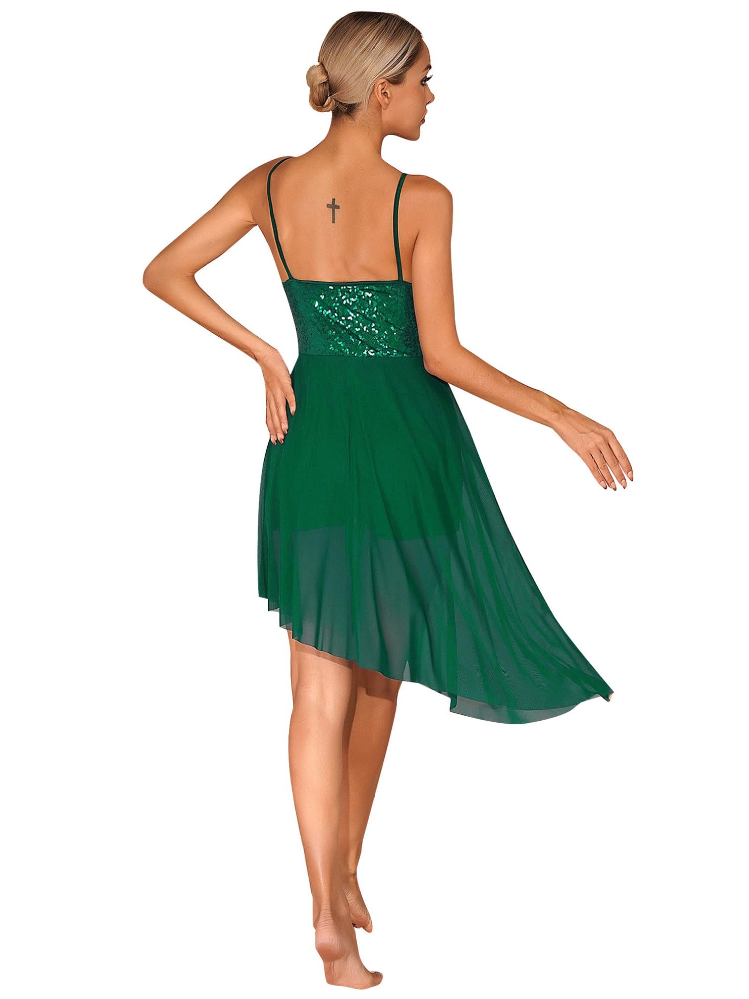 Women's Shiny Sequins Lyrical Dance Dress - Contemporary Mesh Spaghetti Strap Tulle Skirt Dancewear for Performances & Competitions