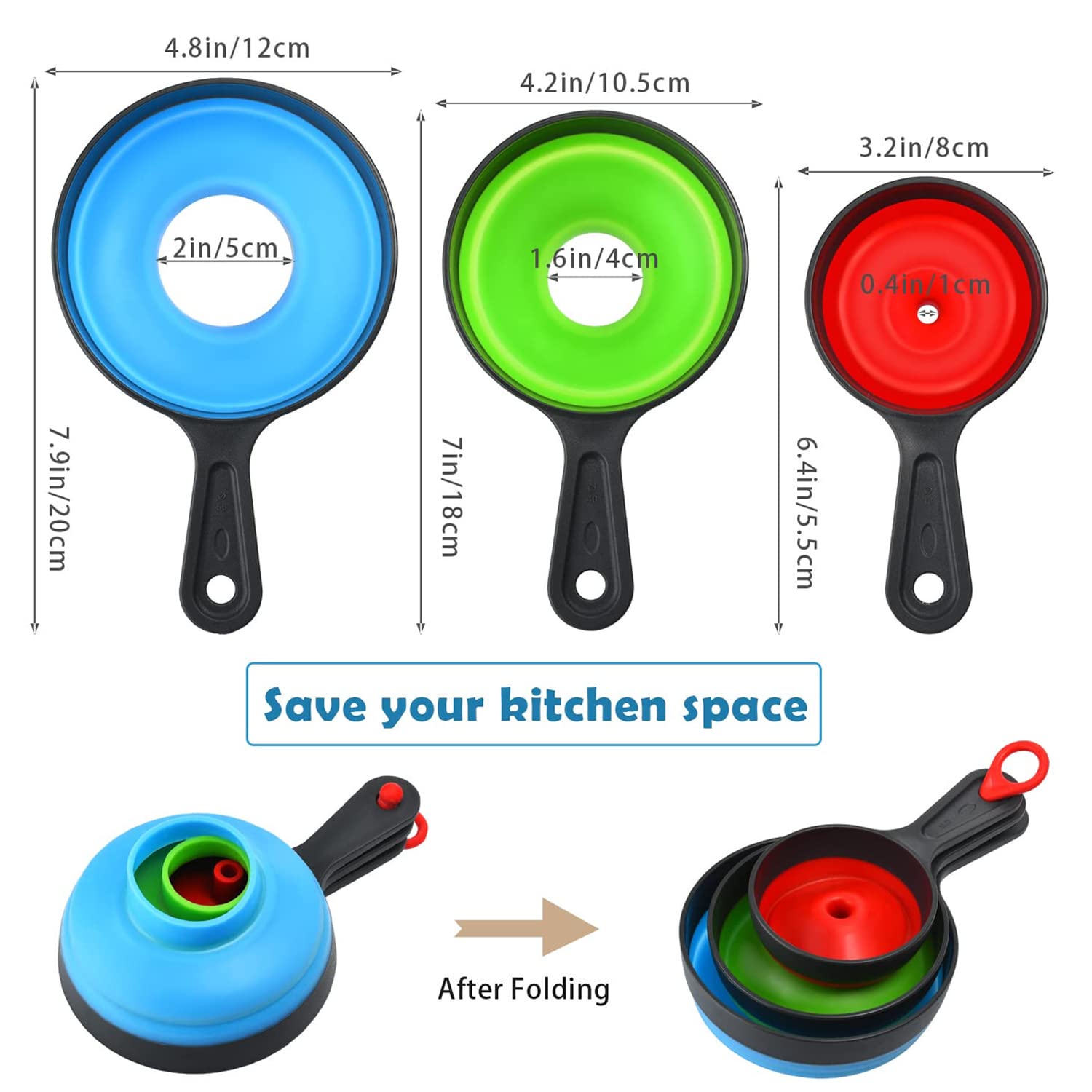 Food-Grade Silicone Foldable Kitchen Funnel 3-Piece Set - Large Wide Mouth Funnel for Mason Jars, Small Funnels for Bottles | Durable, Leak-Proof Canning Funnel for Jams, Spices, Liquids & Dry Ingredients | Perfect for Home Canning, Baking, Cooking & Meal Prep