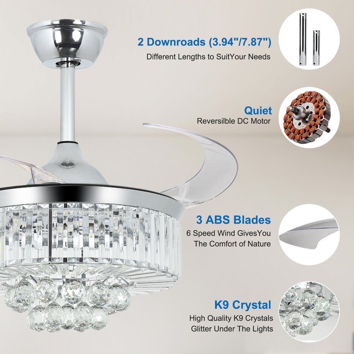 Modern Crystal Retractable Invisible Blades Fandelier - 42 Inch LED Chandelier Ceiling Fan with Remote, 3 Color Temperatures (3000K-6000K), 6-Speed Reversible DC Motor, Silver - Perfect for Bedroom, Living Room, and Dining Room Lighting