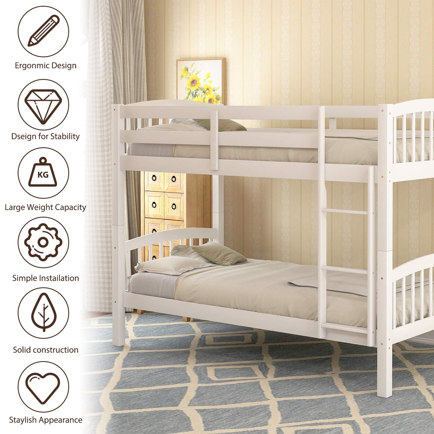 Solid Wood Twin Over Twin Bunk Bed Frame with Ladder for Kids & Teens | Space-Saving Kids' Bedroom Furniture for Siblings or Sleepovers